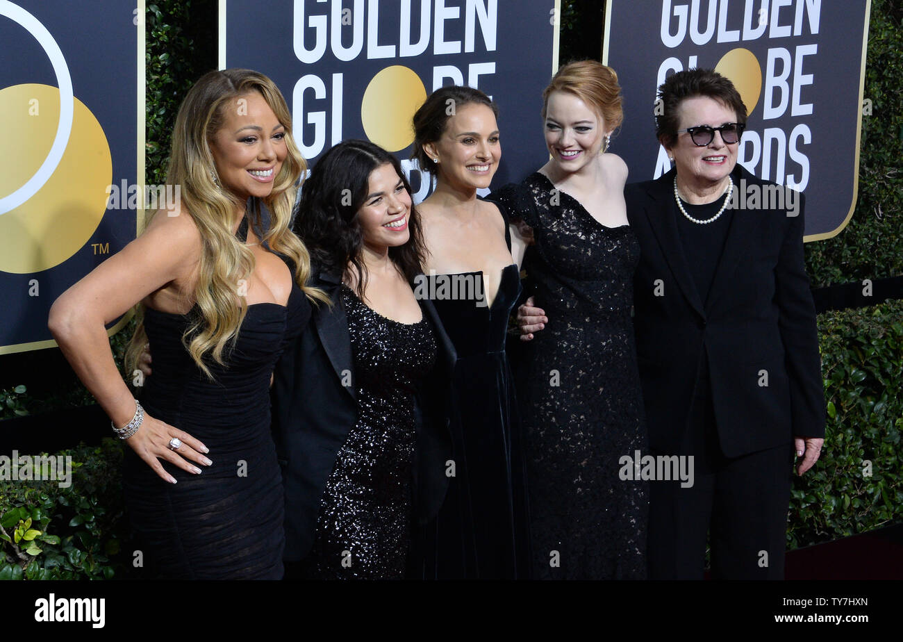 l-r) Singer Mariah Carey, actors America Ferrera, Natalie Portman, Emma  Stone and former tennis player Billie Jean King attend the 75th annual  Golden Globe Awards at the Beverly Hilton Hotel in Beverly