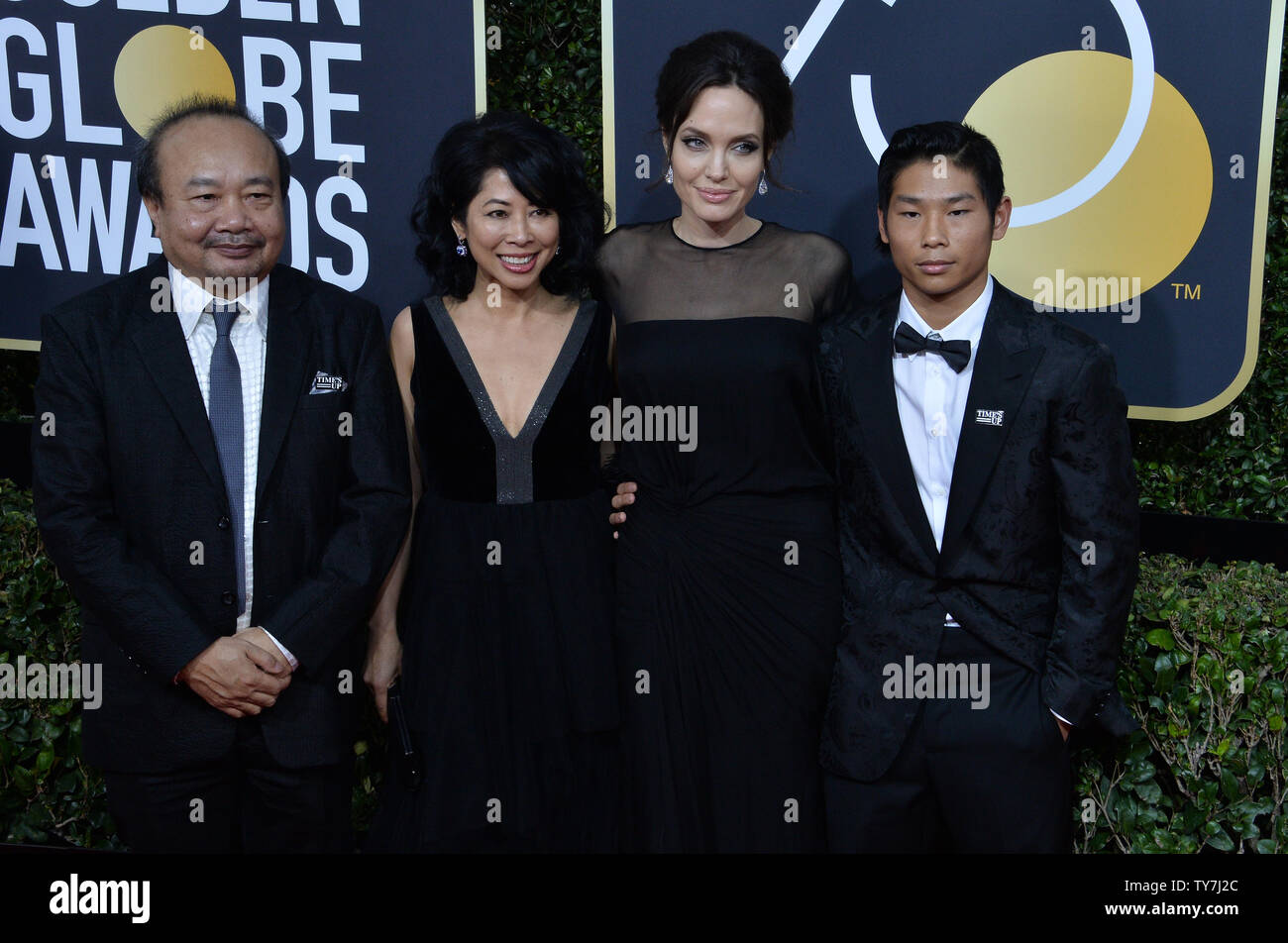 Filmmaker Rithy Panh, activist Loung Ung, actor/director Angelina Jolie and Pax Thien Jolie-Pitt  attend the 75th annual Golden Globe Awards at the Beverly Hilton Hotel in Beverly Hills, California on January 7, 2018. Photo by Jim Ruymen/UPI Stock Photo