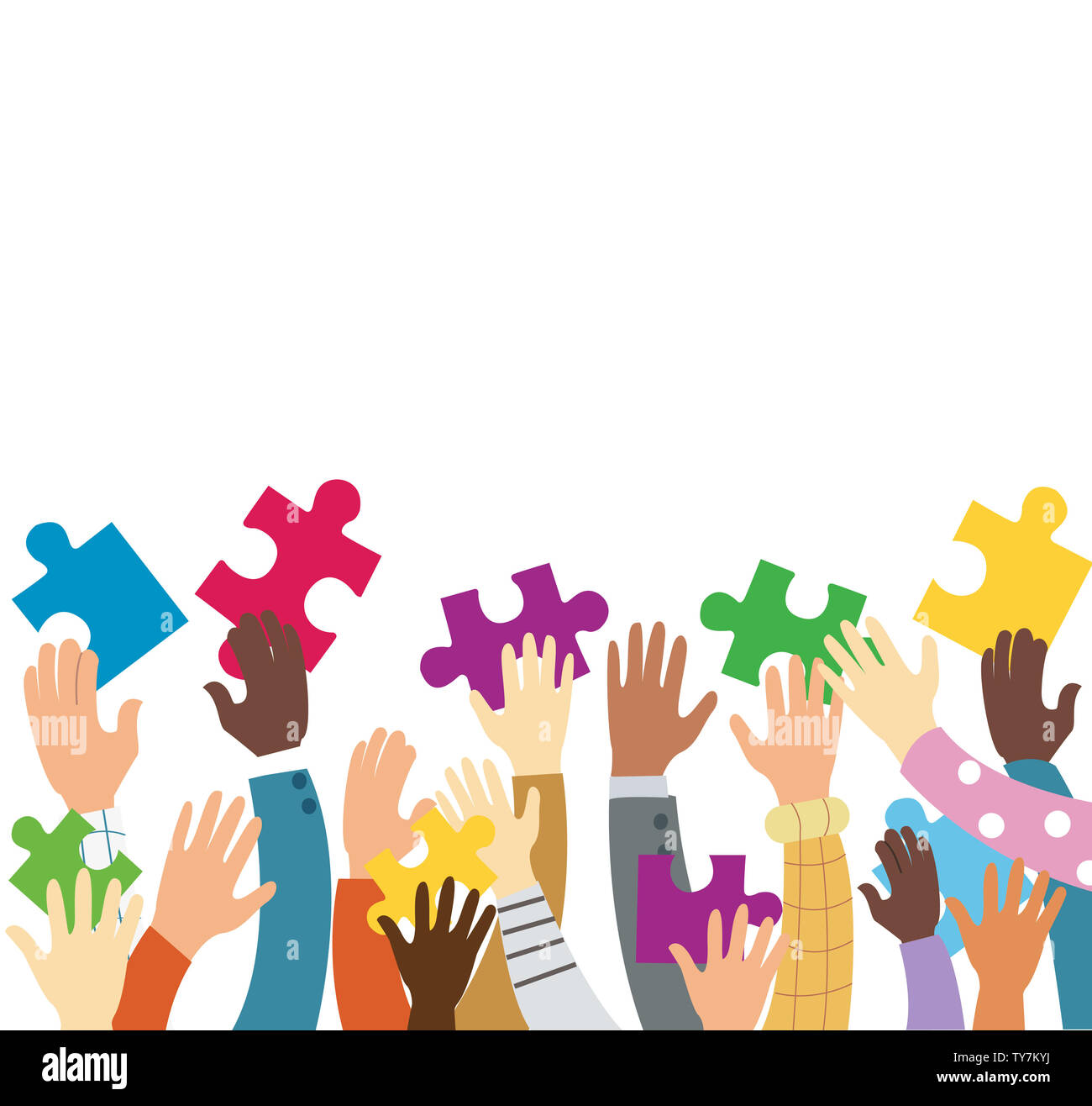 many hands holding colorful puzzle pieces background Stock Photo - Alamy