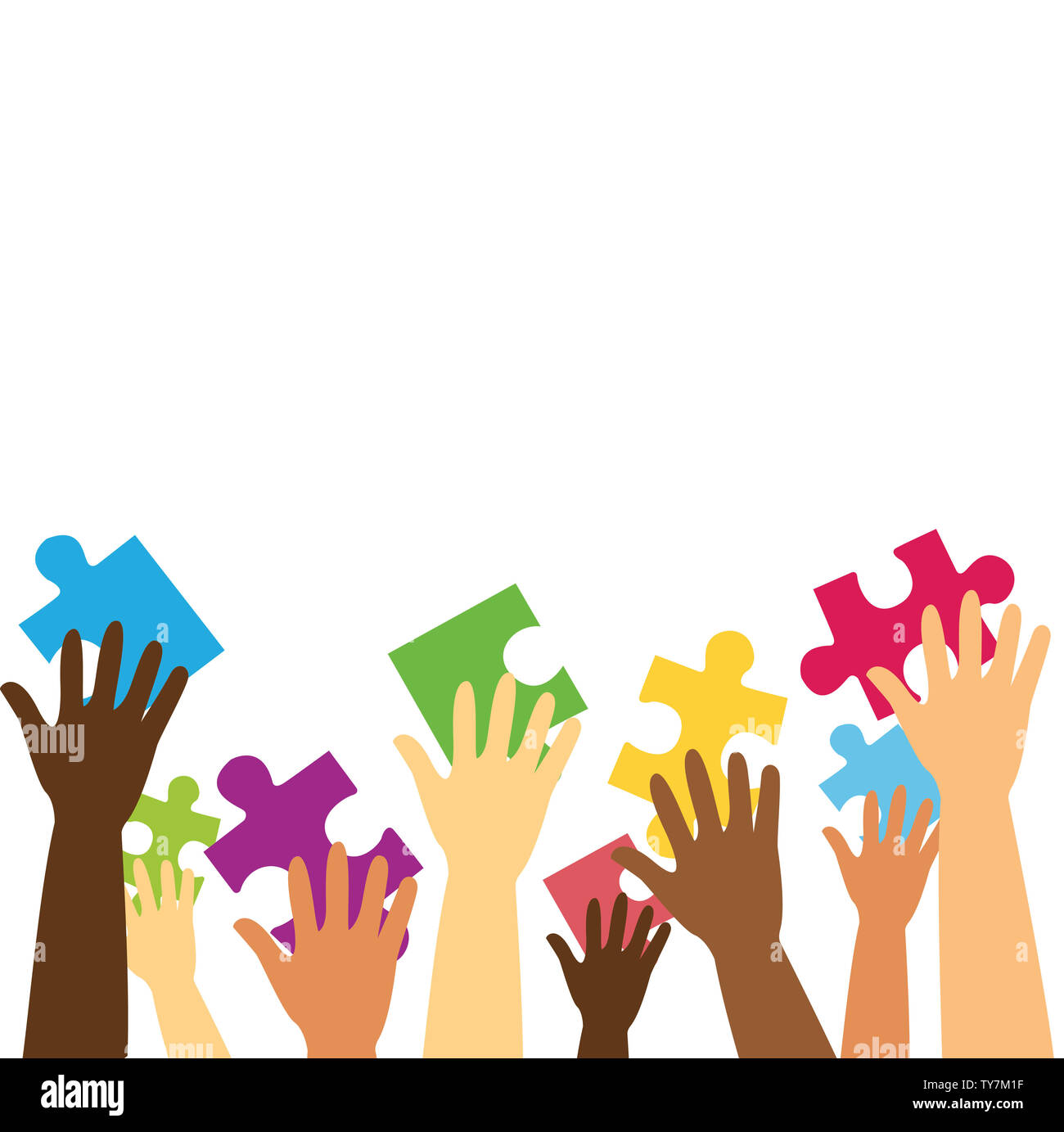 many hands holding colorful puzzle pieces background Stock Photo - Alamy