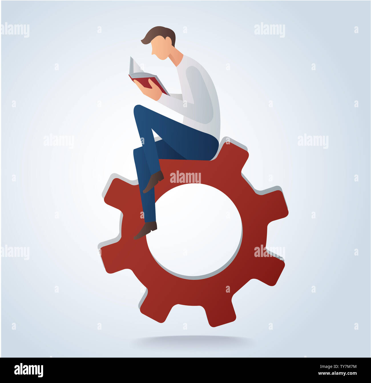 man reading book sitting on gears icon Stock Photo