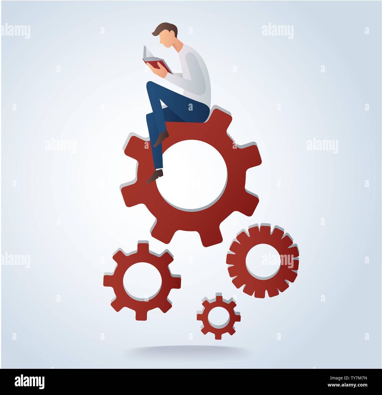 man reading book sitting on gears icon Stock Photo