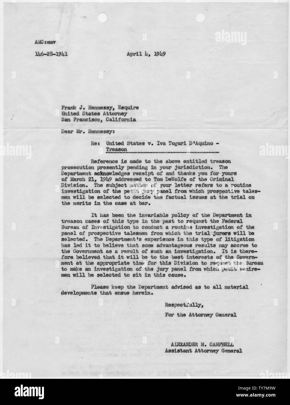 Letter from Alexander M. Campbell, Assistant Attorney General, to Frank J. Hennessy, U.S. Attorney for the Northern District of California.; Scope and content:  This document relates to the controversial trial and conviction of Japanese American Iva Ikuko Toguri D'Aquino, identified by the U.S. Government as one of the women known as Tokyo Rose who were retained by the Government of Japan to make radio broadcasts of music and commentary to U.S. military personnel serving in the World War II Pacific Theater. Stock Photo