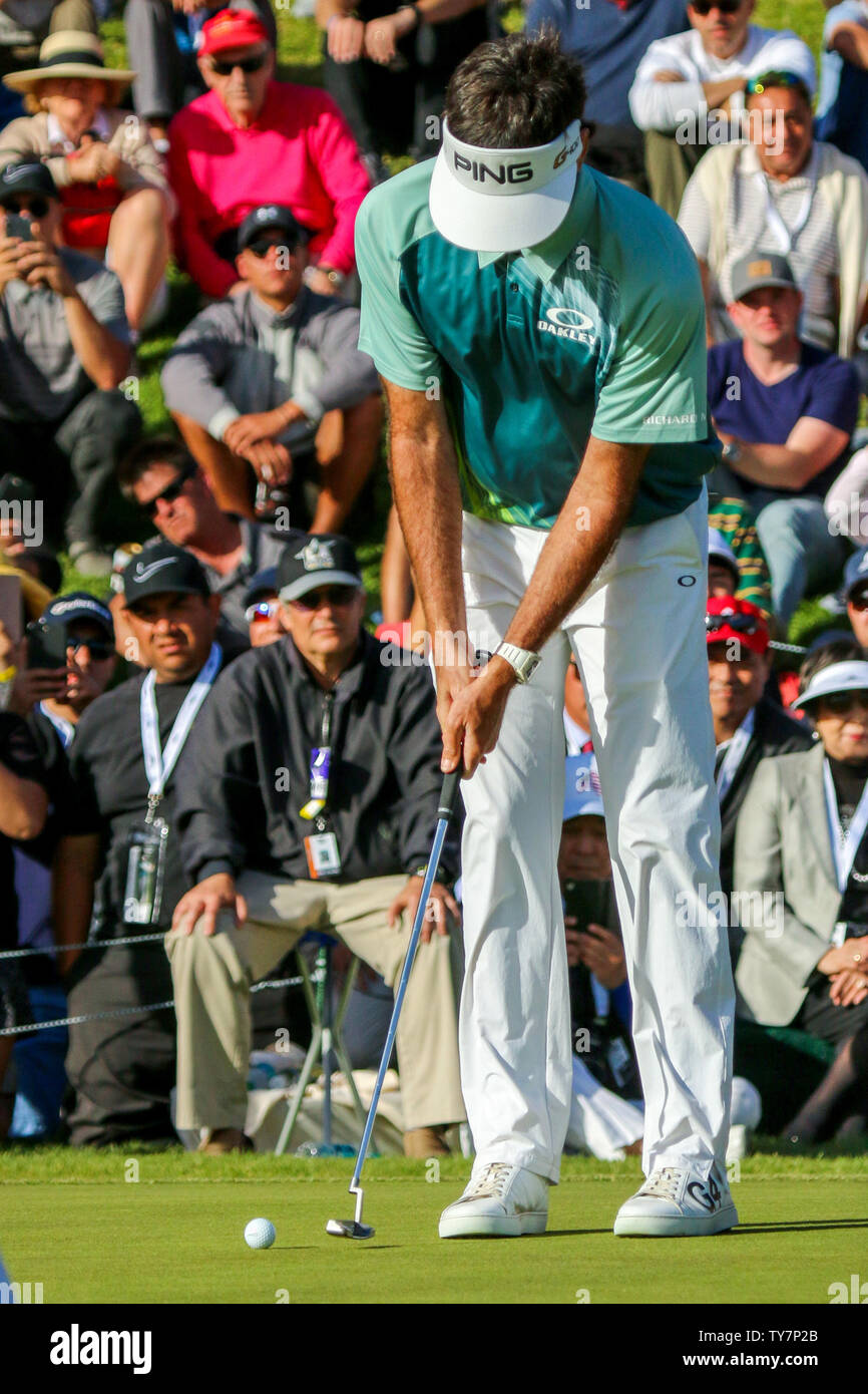 Bubba Watson putts for the championship during the final round of the Genesis Open at Riviera Country Club in Los Angeles, California on February 18, 2018. Bubba Watson would win the Genesis Open Championship with a score of -12. Photo by Howard Shen/UPI Stock Photo