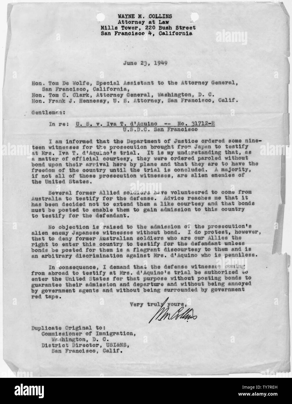 Letter from Wayne Collins, attorney for the defense, to Tom DeWolfe, Special Assistant to the Attorney General, et al.; Scope and content:  This document relates to the controversial trial and conviction of Japanese American Iva Ikuko Toguri D'Aquino, identified by the U.S. Government as one of the women known as Tokyo Rose who were retained by the Government of Japan to make radio broadcasts of music and commentary to U.S. military personnel serving in the World War II Pacific Theater. Stock Photo