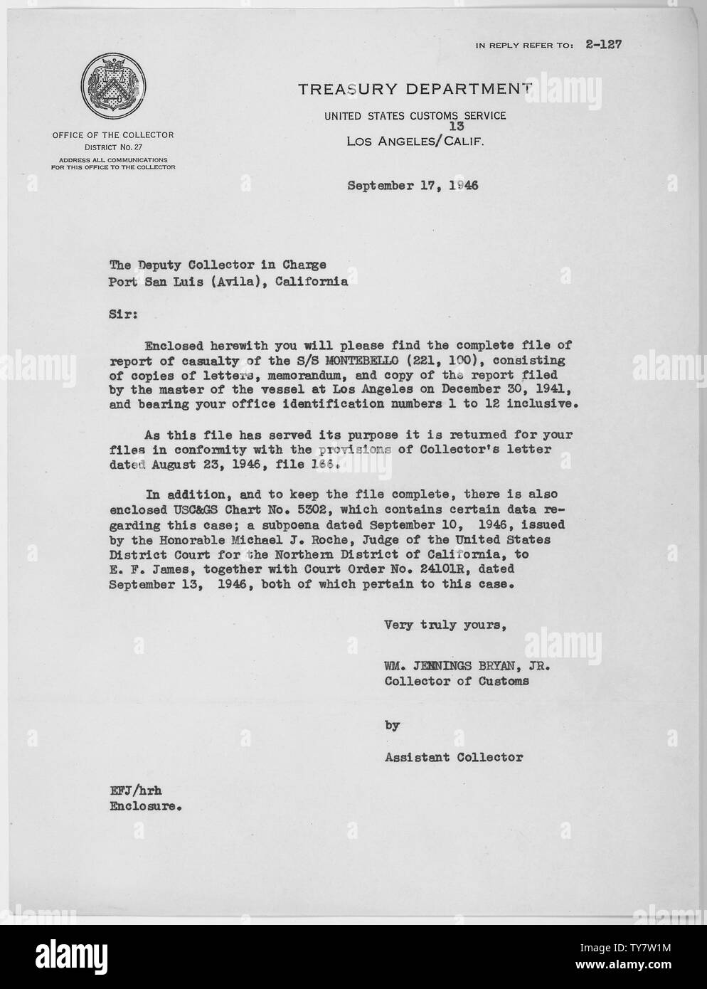 Letter Of Official File Transfer Scope And Content Letter From Collector Of Customs Los Angeles To Deputy Collector In Charge Port San Luis Obispo Transferring The Report Of Casualty File Of The S S