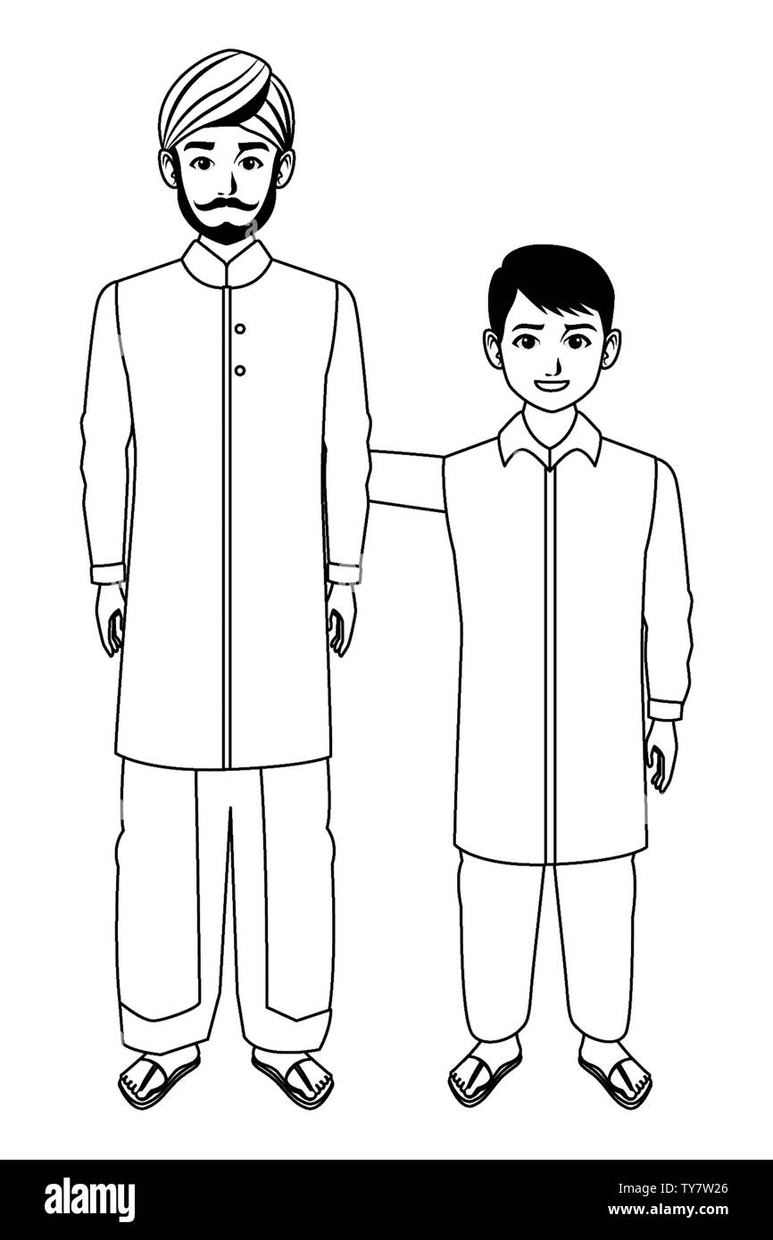 indian family avatar cartoon character in black and white Stock Vector ...