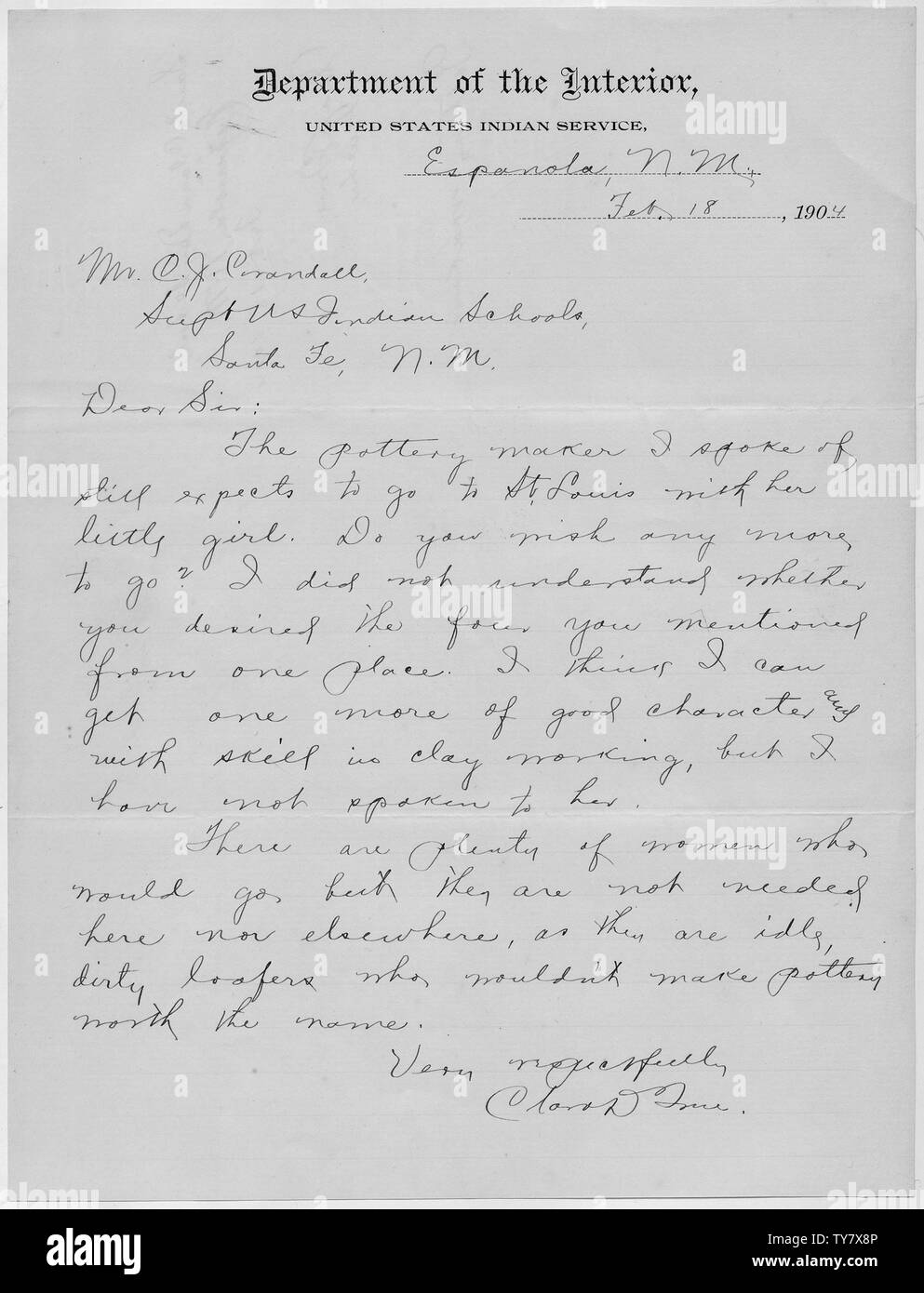 Letter to Superintedent concerning additional women potters to go to St. Louis Exposition.; Scope and content:  Letter to Supt. Crandall from Miss True inquiring if he wanted any other women from the pueblo to go to the St. Louis Exposition to demonstrate pottery making. There are some women she would not recommend. Stock Photo