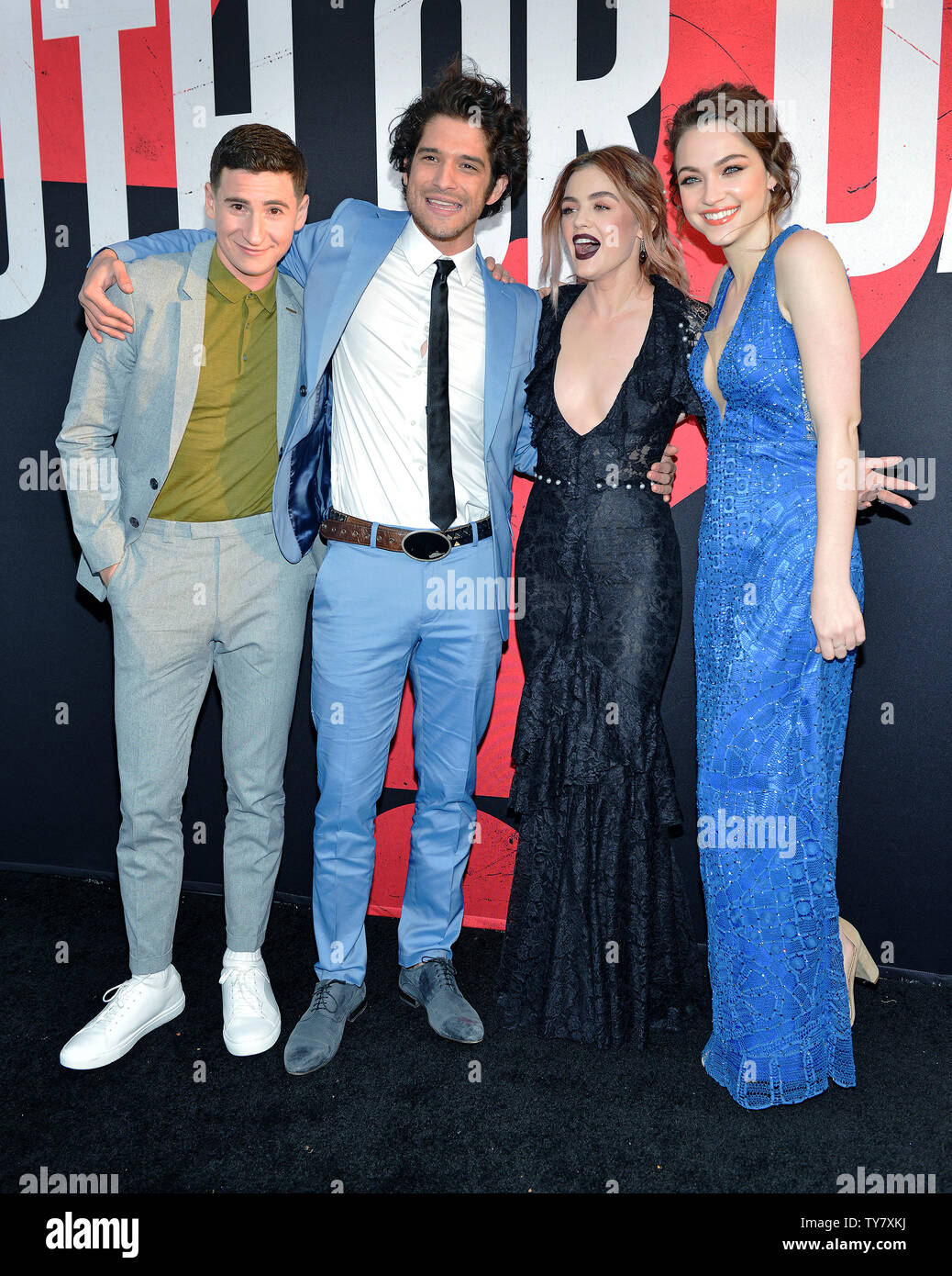 (L-R) Sam Lerner, Tyler Posey, Lucy Hale and Violett Beane attend the premiere of Blumhouse's 'Truth or Dare' at the Cinerama Dome Arclight Hollywood in Los Angeles, California on April 12, 2018. Photo by Christine Chew/UPI Stock Photo