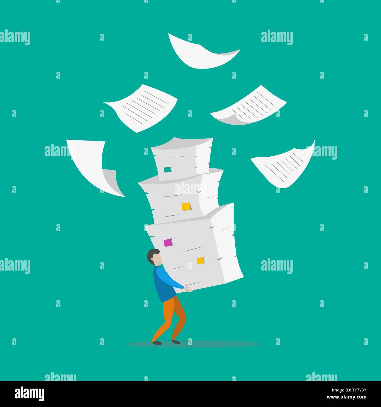 Young man with pile of documents. Information overload background. Vector illustration. Stock Vector