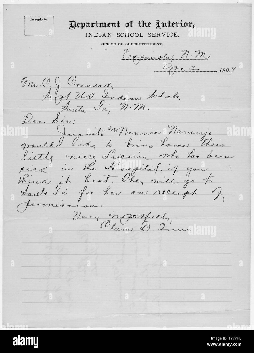 Letter to Superintendent concerning the Naranjos bringing home a sick niece.; Scope and content:  Letter to Supt. Crandall from Miss True requesting permission on behalf of Nannie and Juanito Naranjo to bring their niece, Lucaria, home to the Santa Clara pueblo. Their niece is ill and in the hospital in Santa Fe. Stock Photo