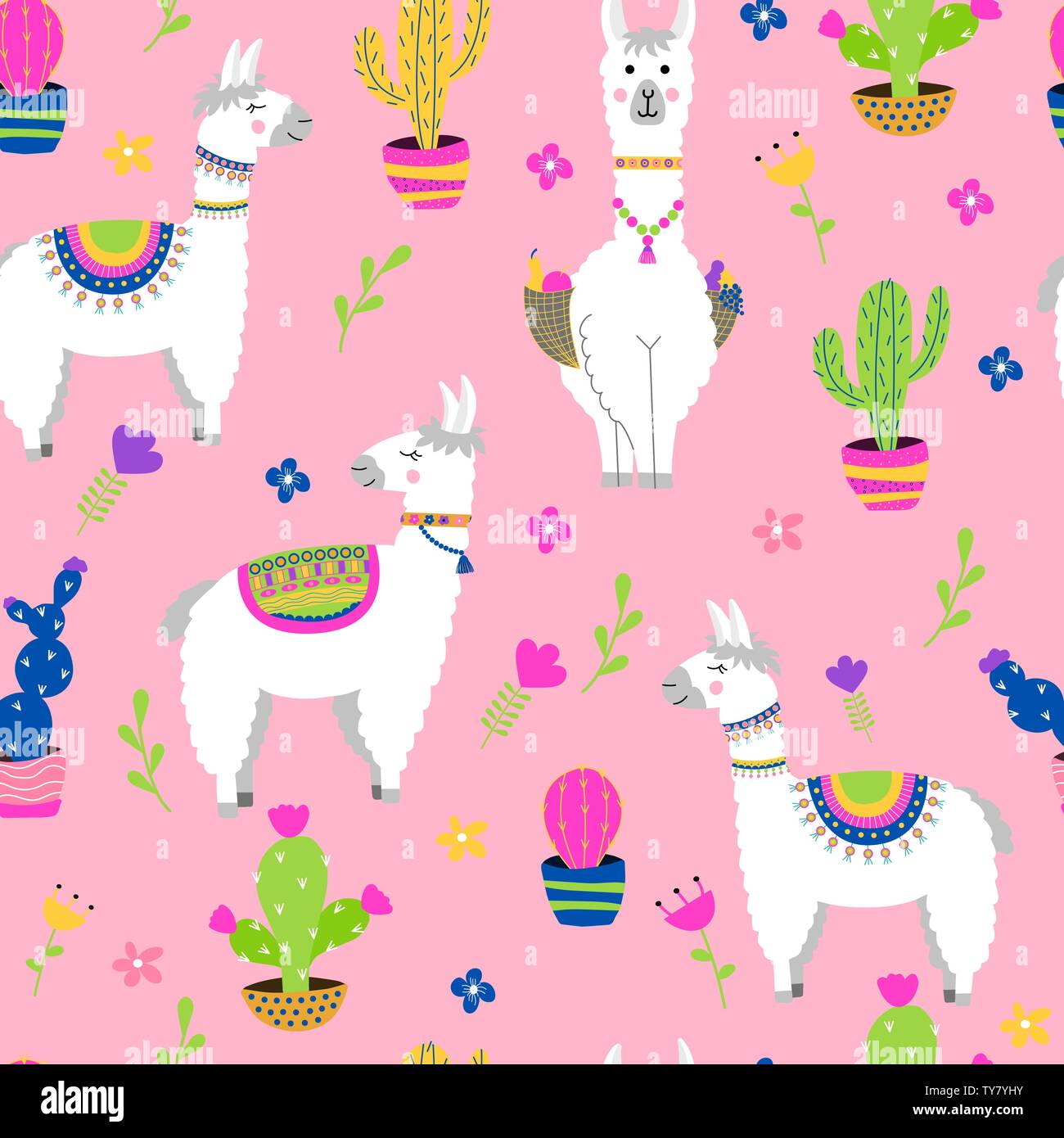 Seamless pattern with llama, cactus, flowers. Vector illustration. Stock Vector