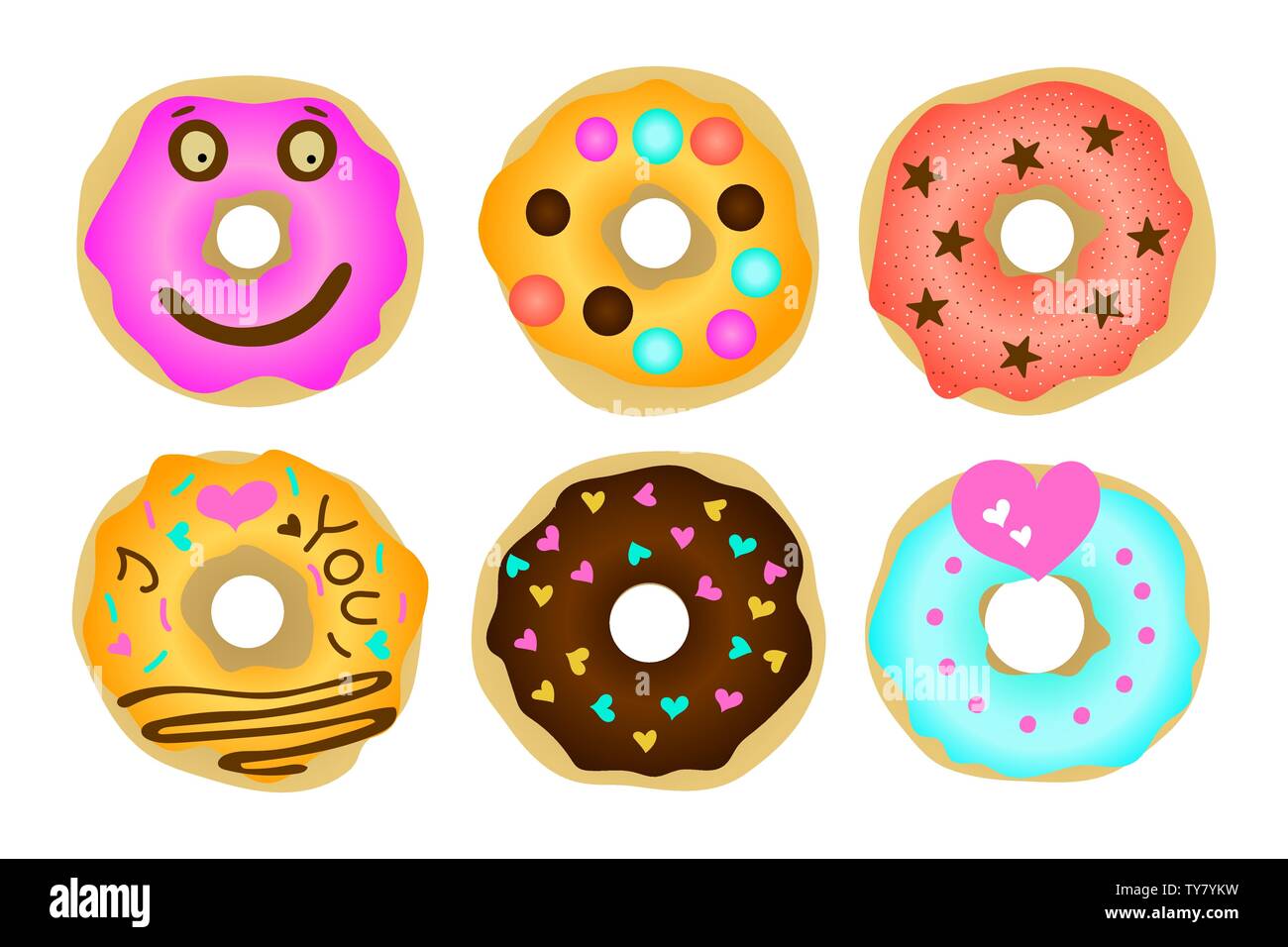 Set of 6 color hand drawn donuts. Donut isolated for your design. Vector illustration. Stock Vector