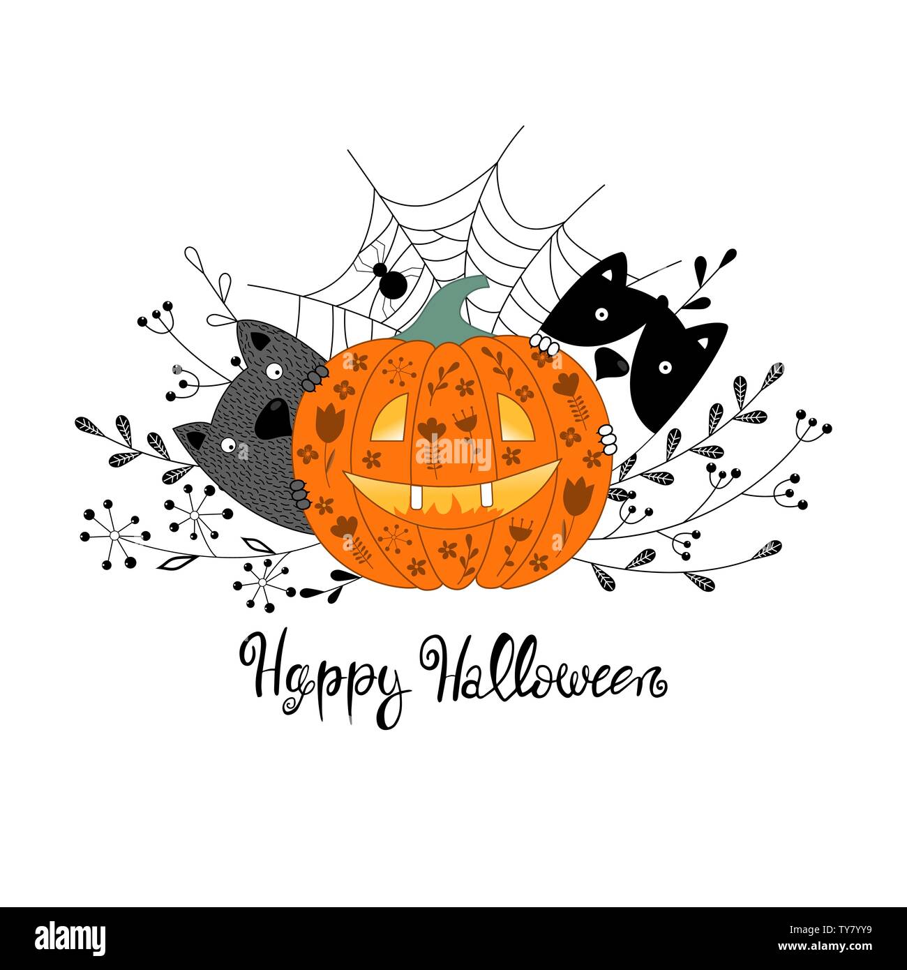 Happy Halloween card with pumpkin and cute cats. Vector illustration. Stock Vector