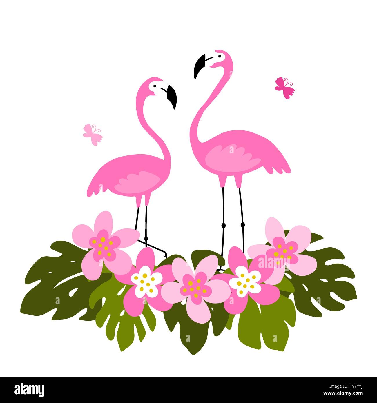 Tropical background with pink flamingos, palm leaves and flowers ...