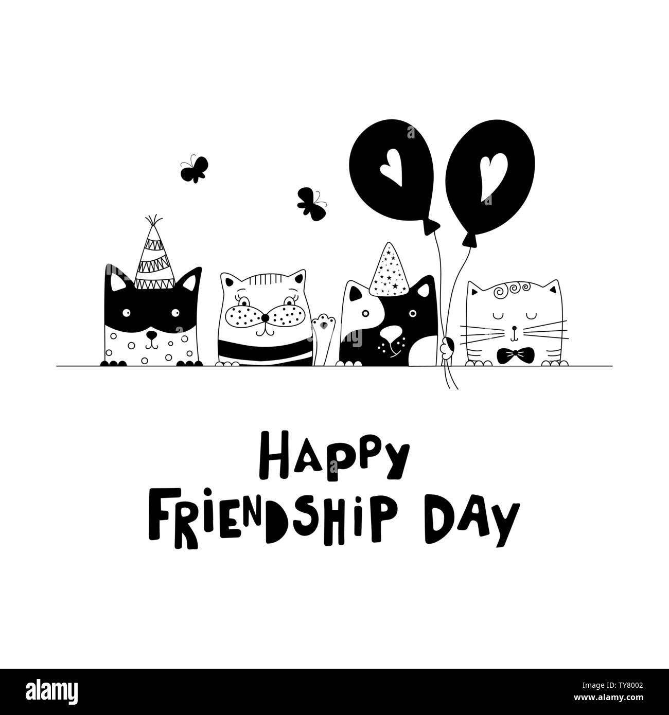 Happy friendship day. Cute cats best friends. Doodle style. Vector ...