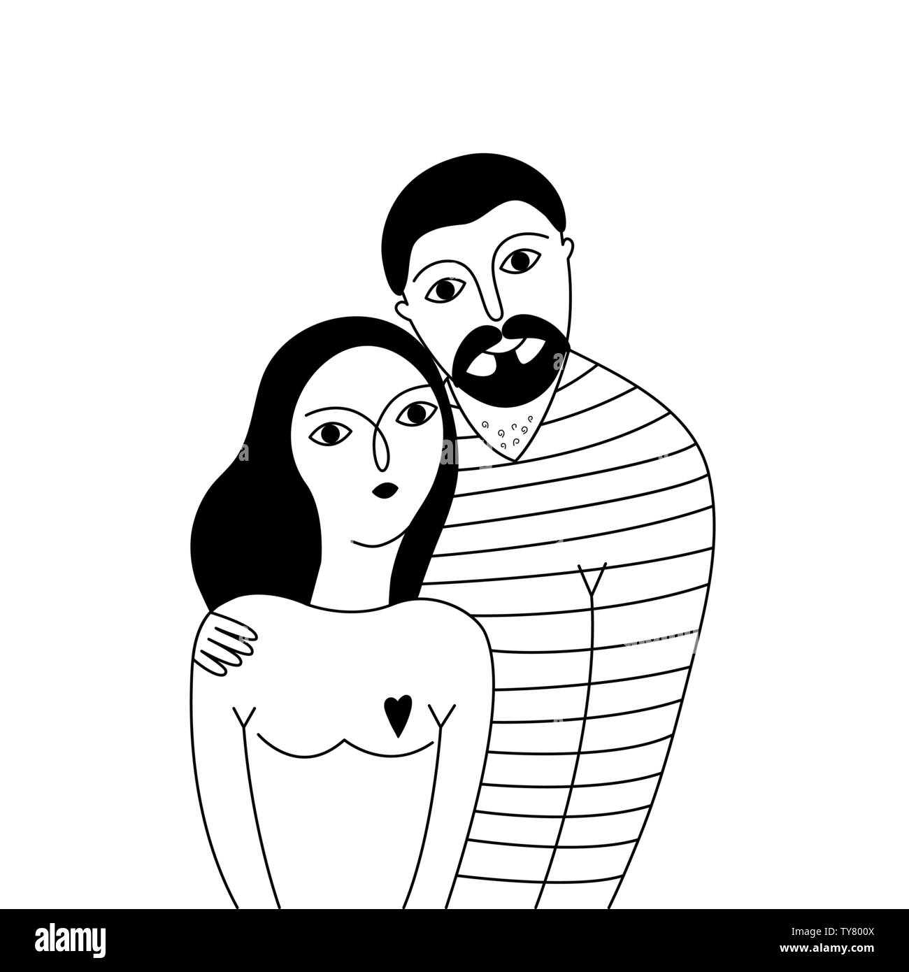 Portrait Of Happy Young Couple on white background. Hand drawn vector ...
