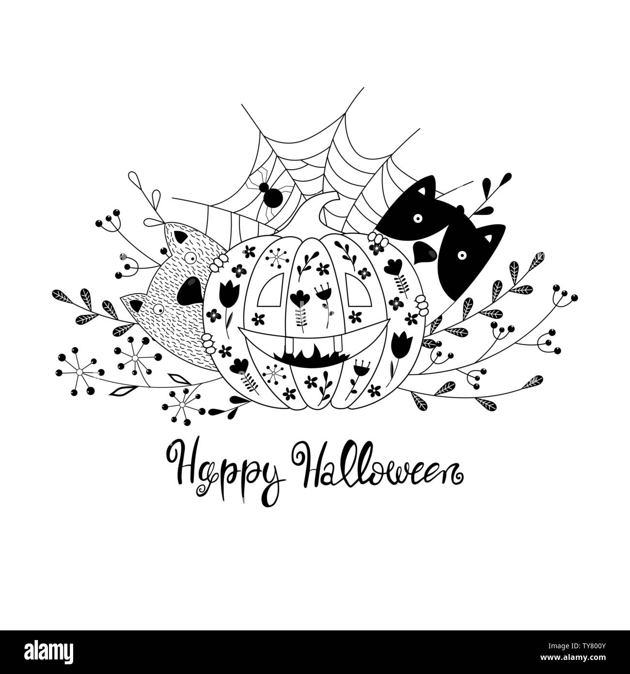 Happy Halloween card with pumpkin and cute cats. Vector illustration ...