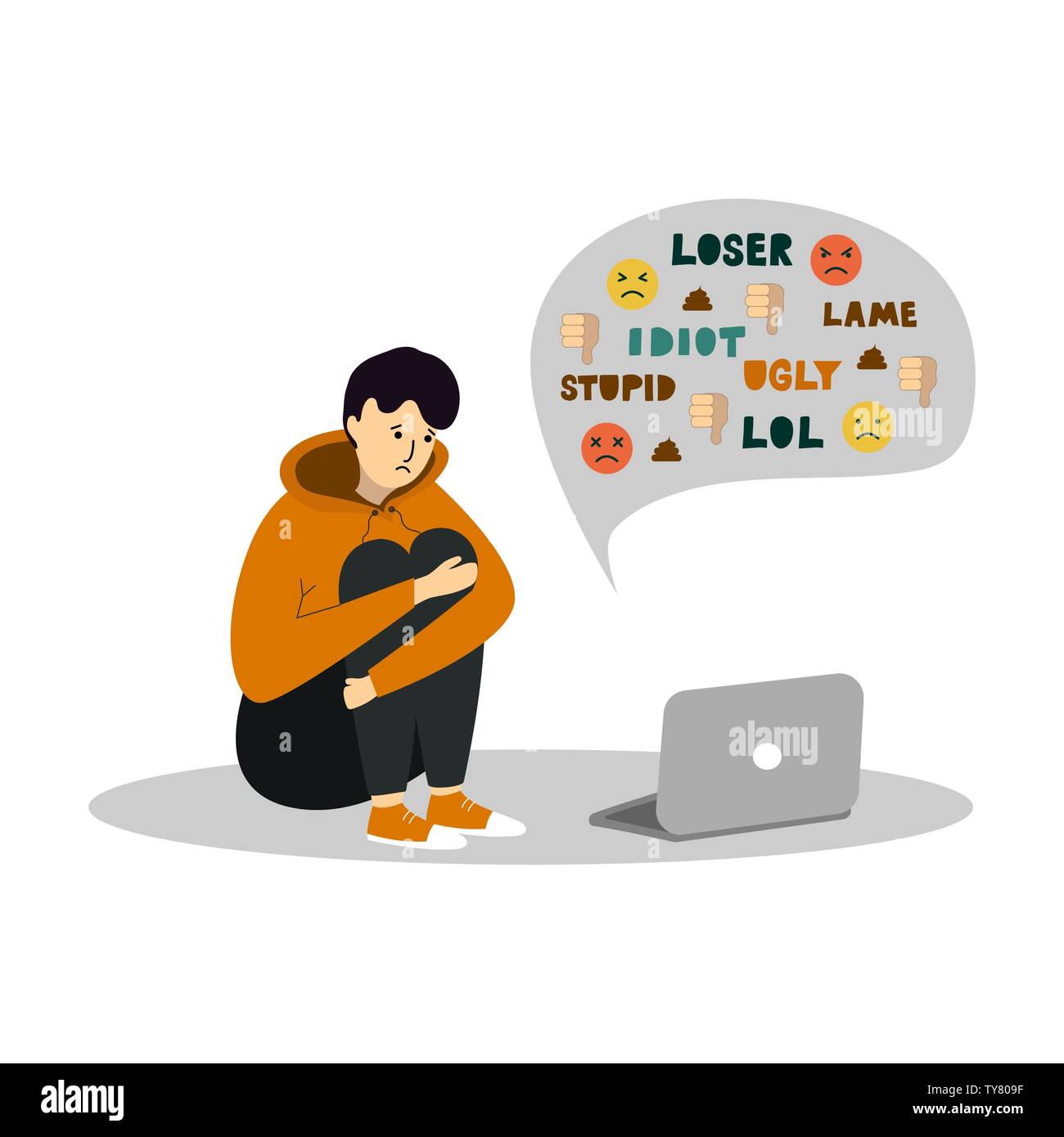 Young teenage boy sitting in front of the laptop on white background. Cyber Bullying. Stock Vector