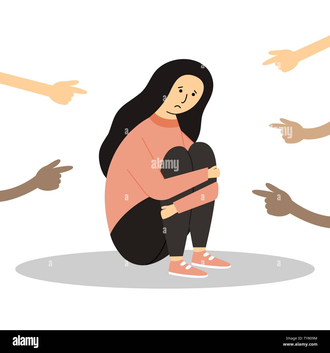 Fingers pointing on the sad young girl. Сonviction of the crowd.  Cyber Bullying. Stock Vector