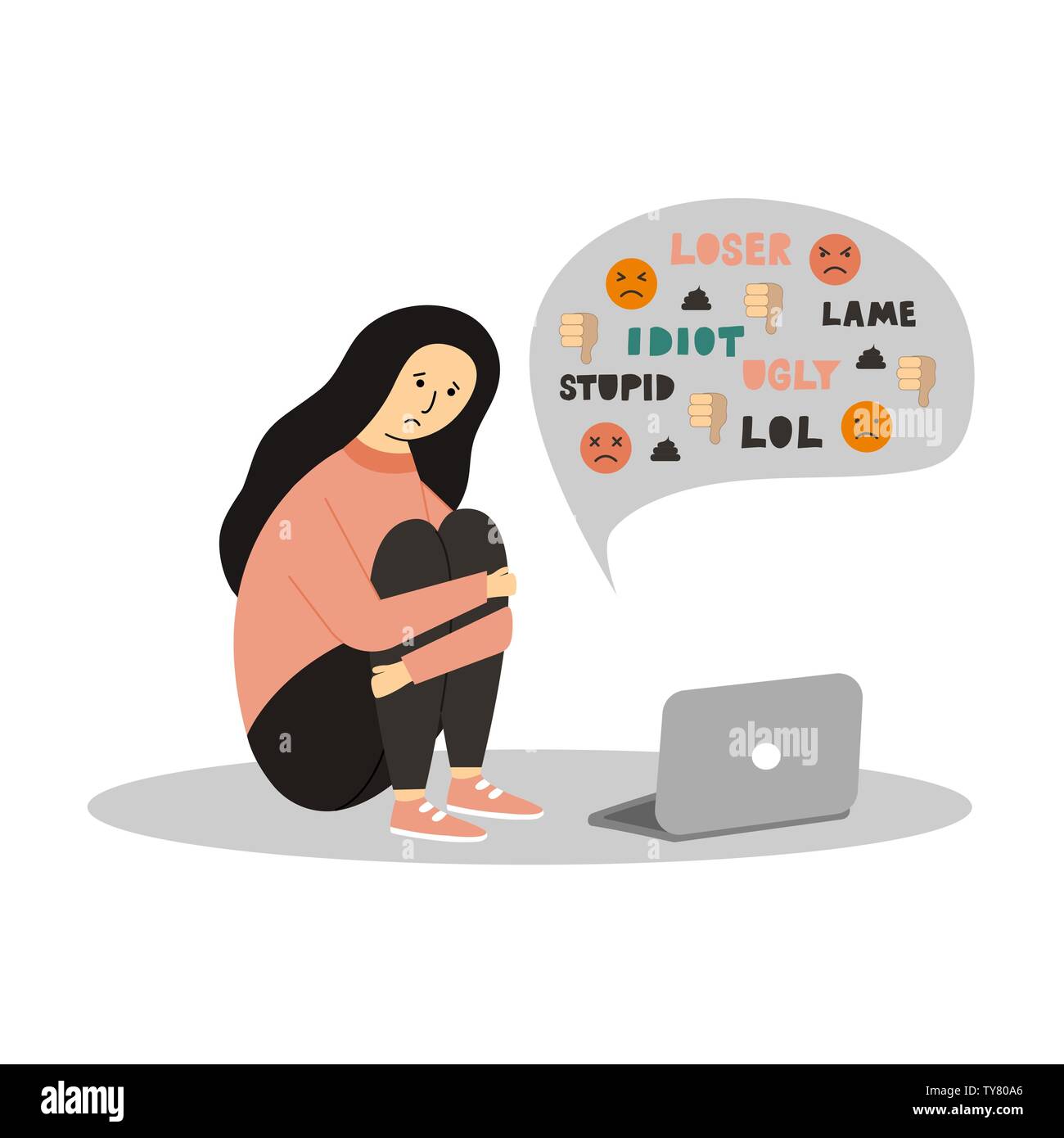 Young girl sitting in front of the laptop on white background. Cyber Bullying. - Vector. Stock Vector
