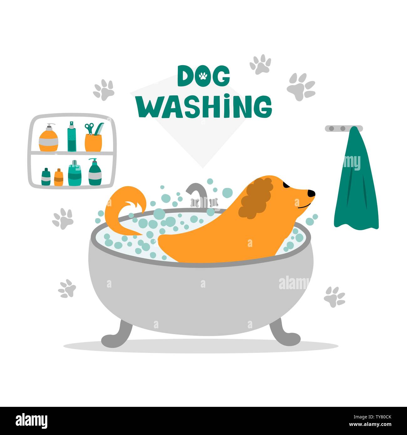A dog taking a bath. Dog washing. Dog grooming. Stock Vector