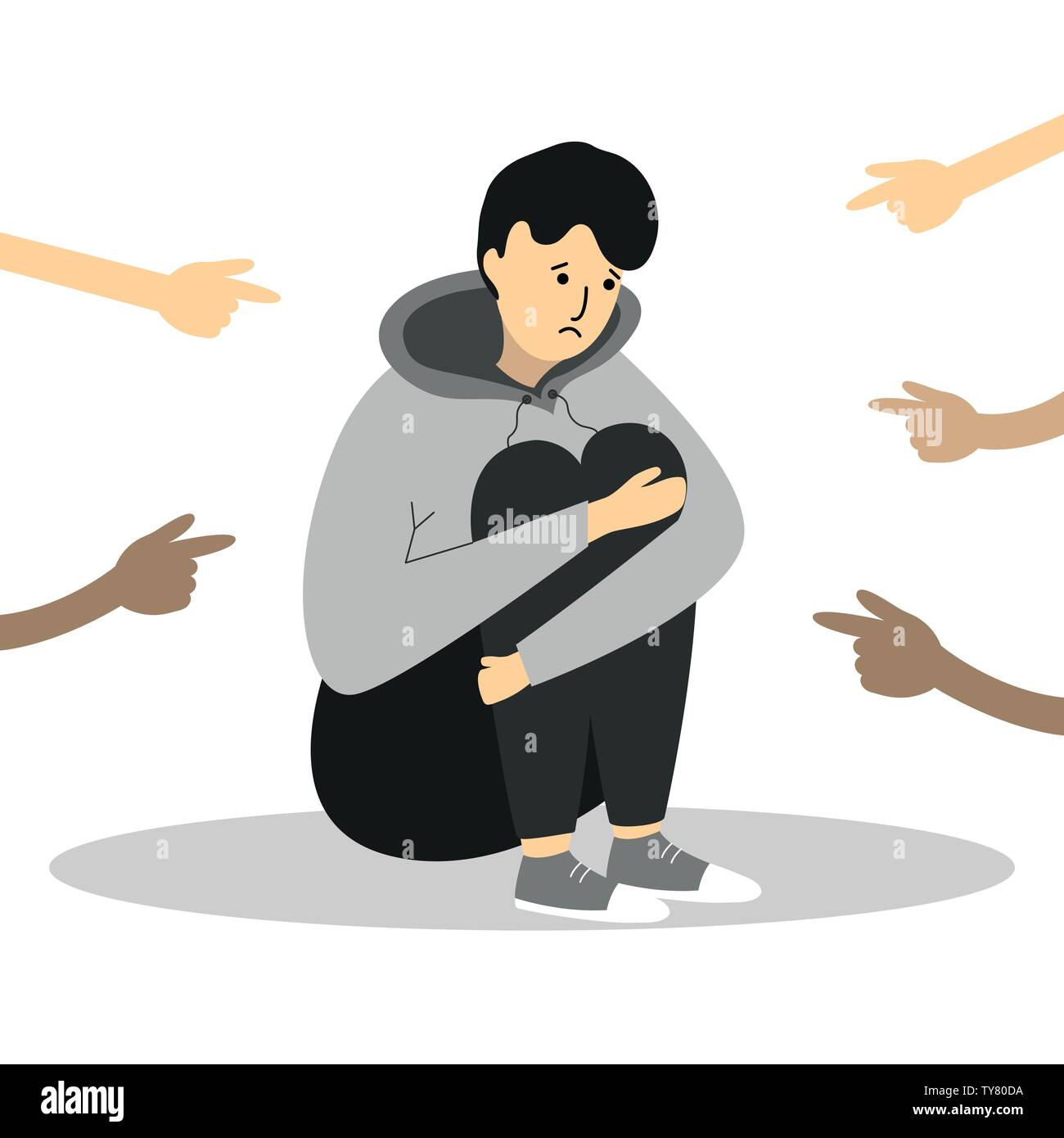 Fingers pointing on the sad young boy. Сonviction of the crowd.  Cyber Bullying. Stock Vector