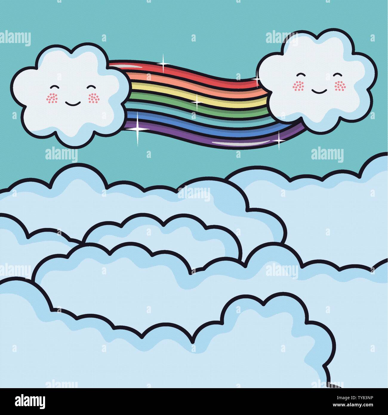 clouds sky with rainbow weather kawaii characters vector illustration ...