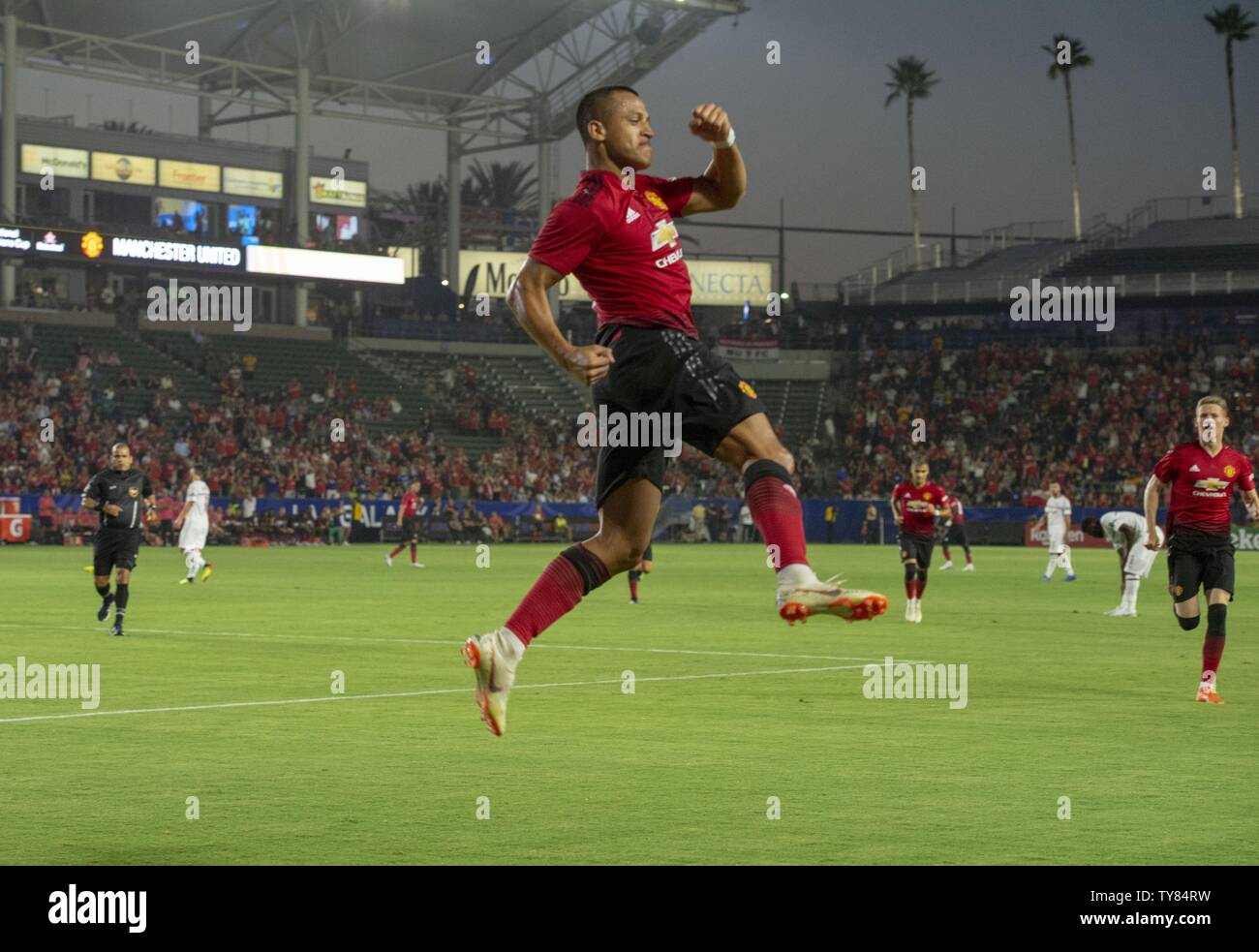 Manchester United forward Alexis Sanchez (7) celebrates his goal during the first half of the International Champions Cup match between AC Milan vs. Manchester United on Wednesday, July 25 2018 at StubHub Center, Carson, California.   Photo by Michael Goulding/UPI Stock Photo