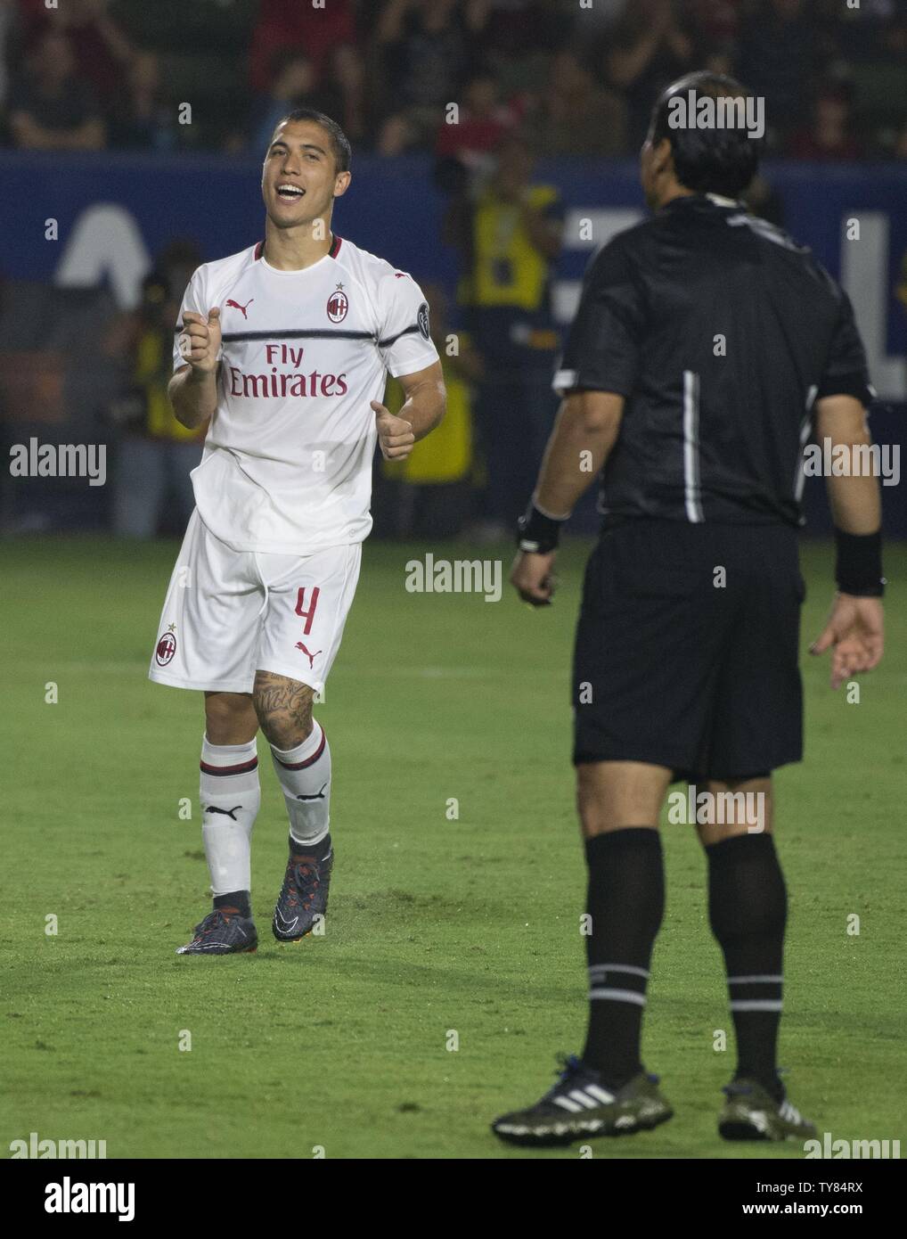 Milan midfielder Jose Mauri (4) celebrates his successful penalty kick during the International Champions Cup match between AC Milan vs. Manchester United on Wednesday, July 25 2018 at StubHub Center, Carson, California.  Photo by Michael Goulding/UPI Stock Photo