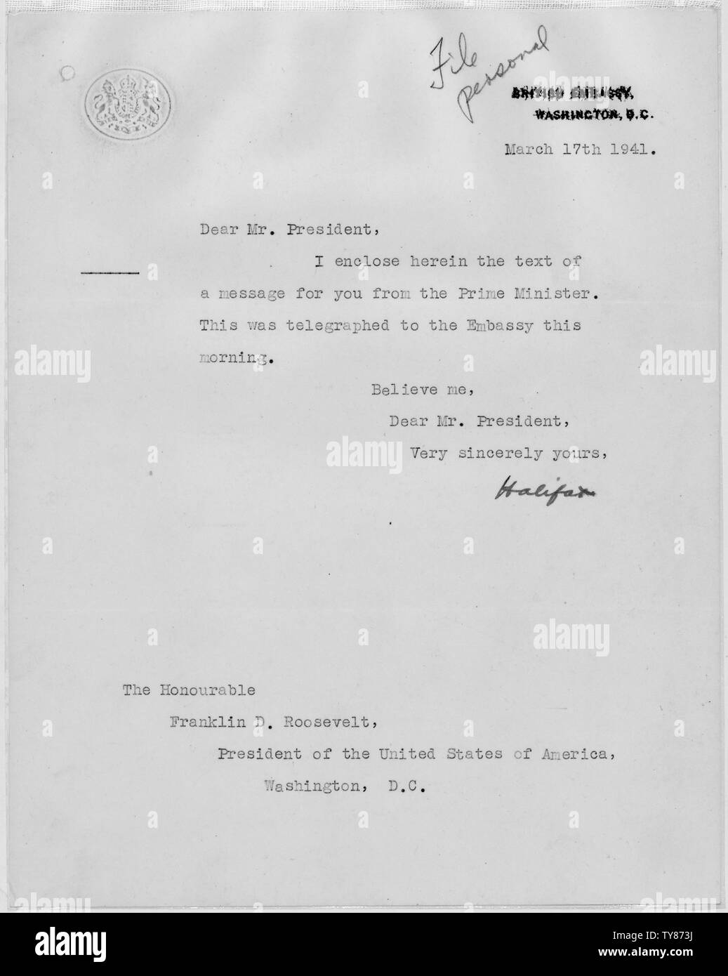 Lord Halifax to Franklin D. Roosevelt Stock Photo Alamy