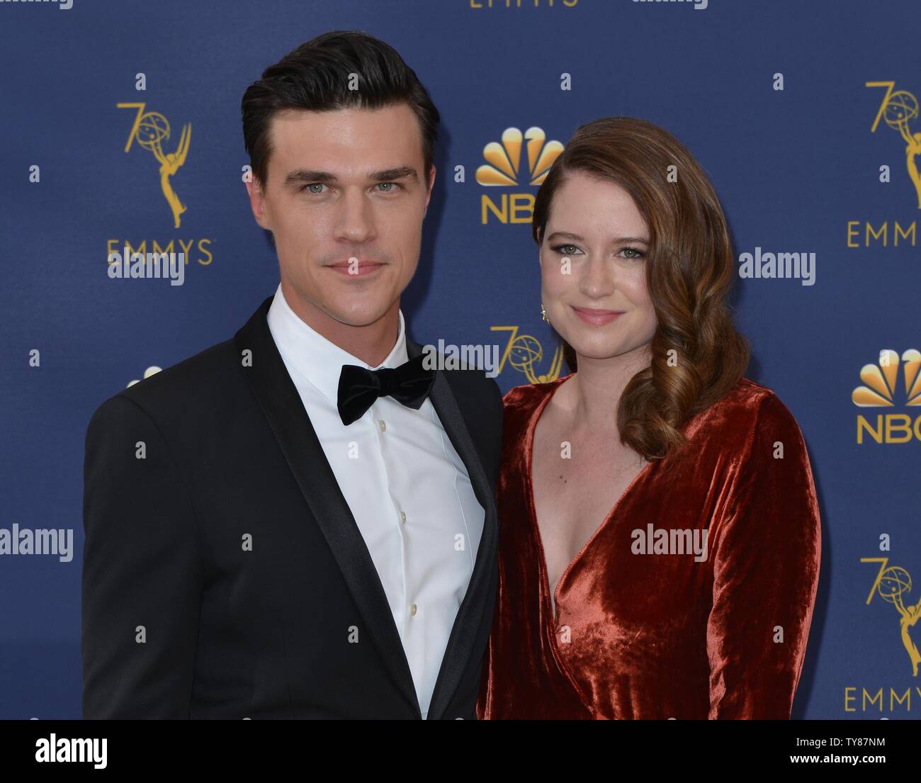 Actors Finn Wittrock (L) and Sarah Roberts attend the 70th annual Primetime Emmy Award at the Microsoft Theater in downtown Los Angeles on September 17, 2018.   Photo by Christine Chew/UPI Stock Photo