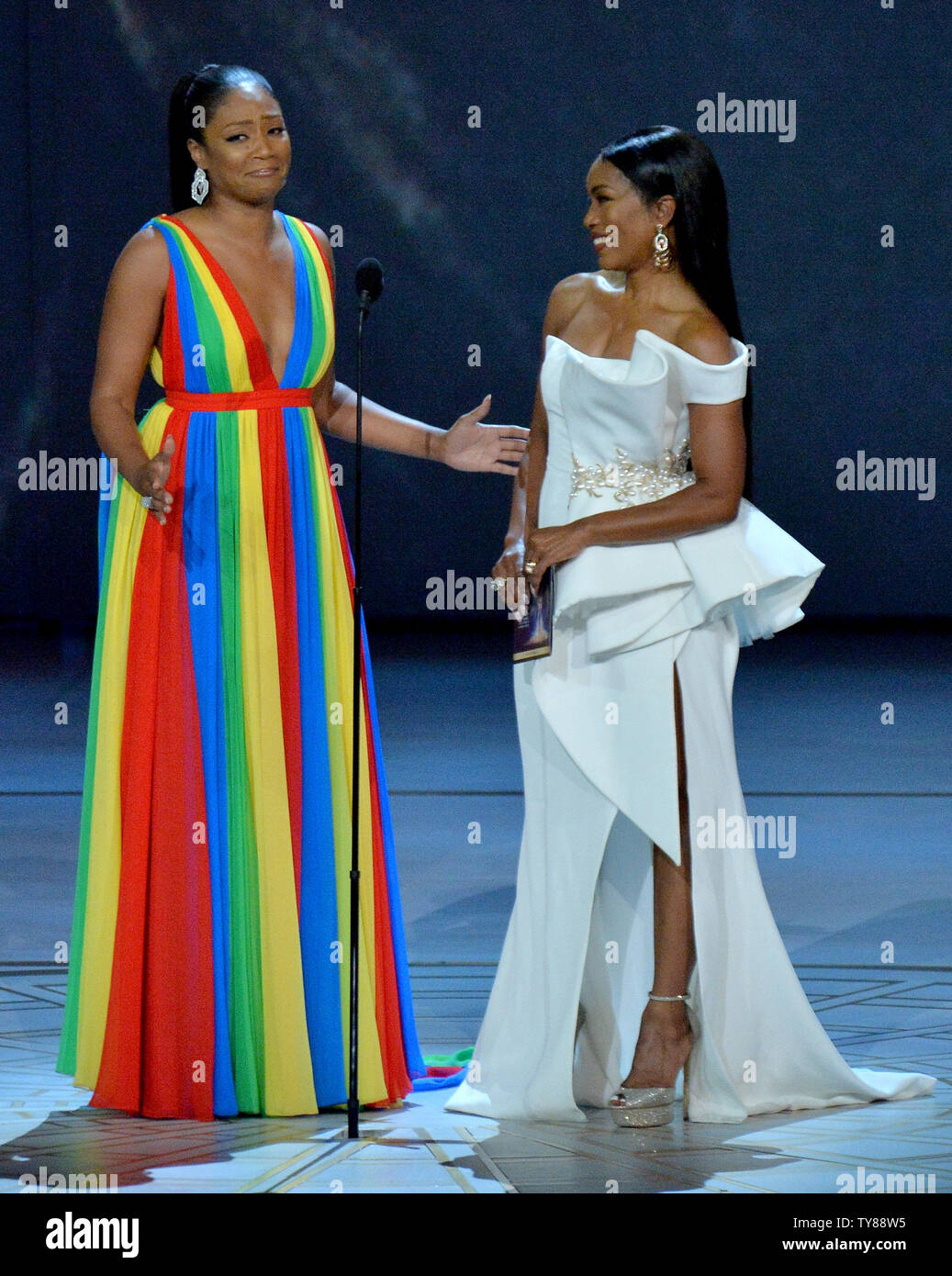 Tiffany Haddish and Angela Bassett onstage during the 70th annual Primetime  Emmy Awards at the Microsoft Theater in downtown Los Angeles on September  17, 2018. Photo by Jim Ruymen/UPI Stock Photo - Alamy