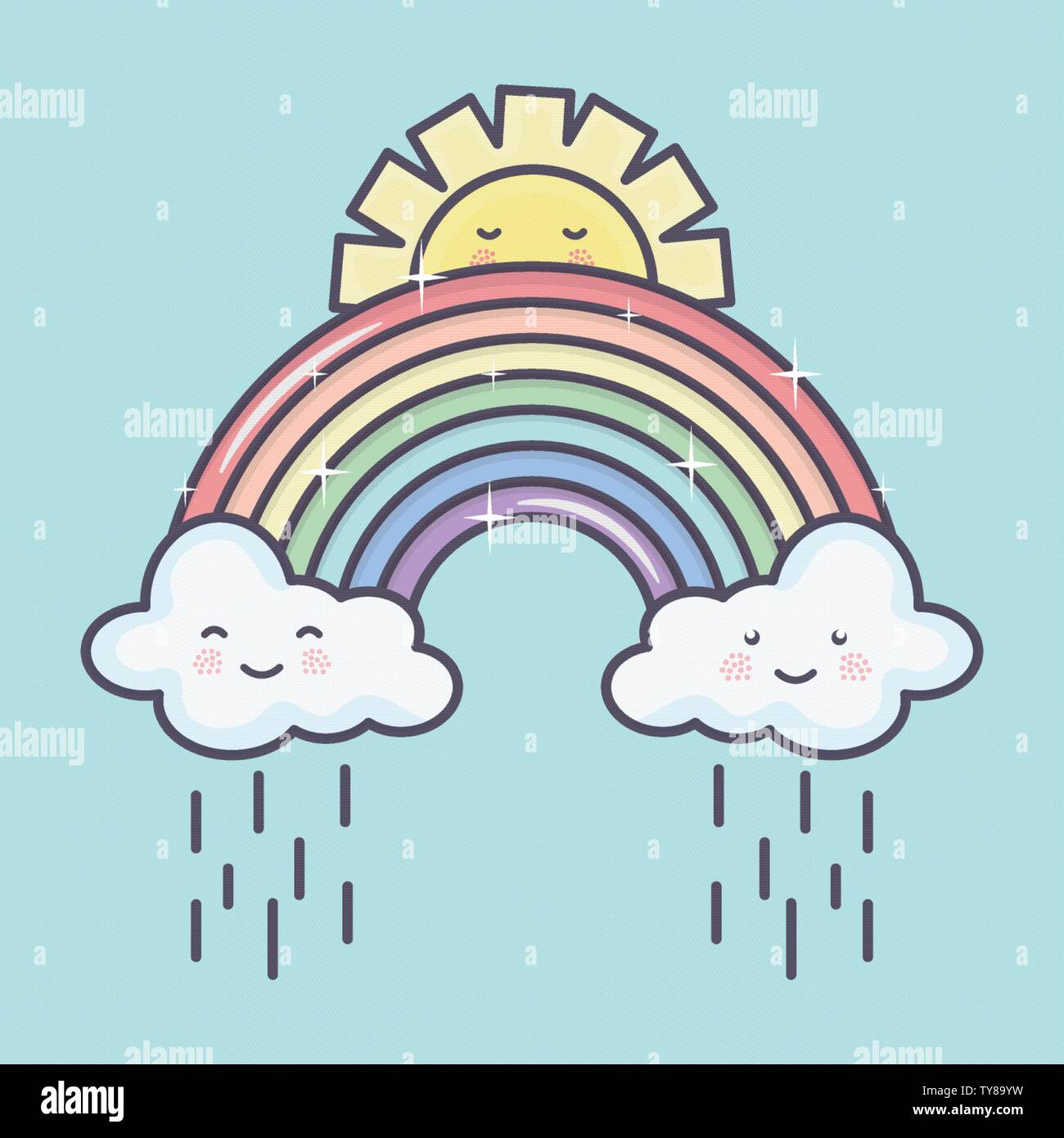 cute summer sun and clouds rainy with rainbow kawaii characters ...