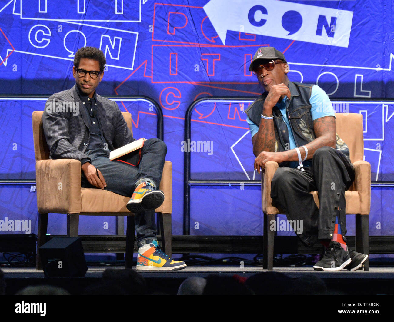 Toure (L) and former NBA player Dennis Rodman participate in a 'Slam Dunk Diplomacy With Dennis Rodman' Q&A during Politicon at the Los Angeles Convention Center in Los Angeles, California on October 20, 2017. Photo by Jim Ruymen/UPI Stock Photo