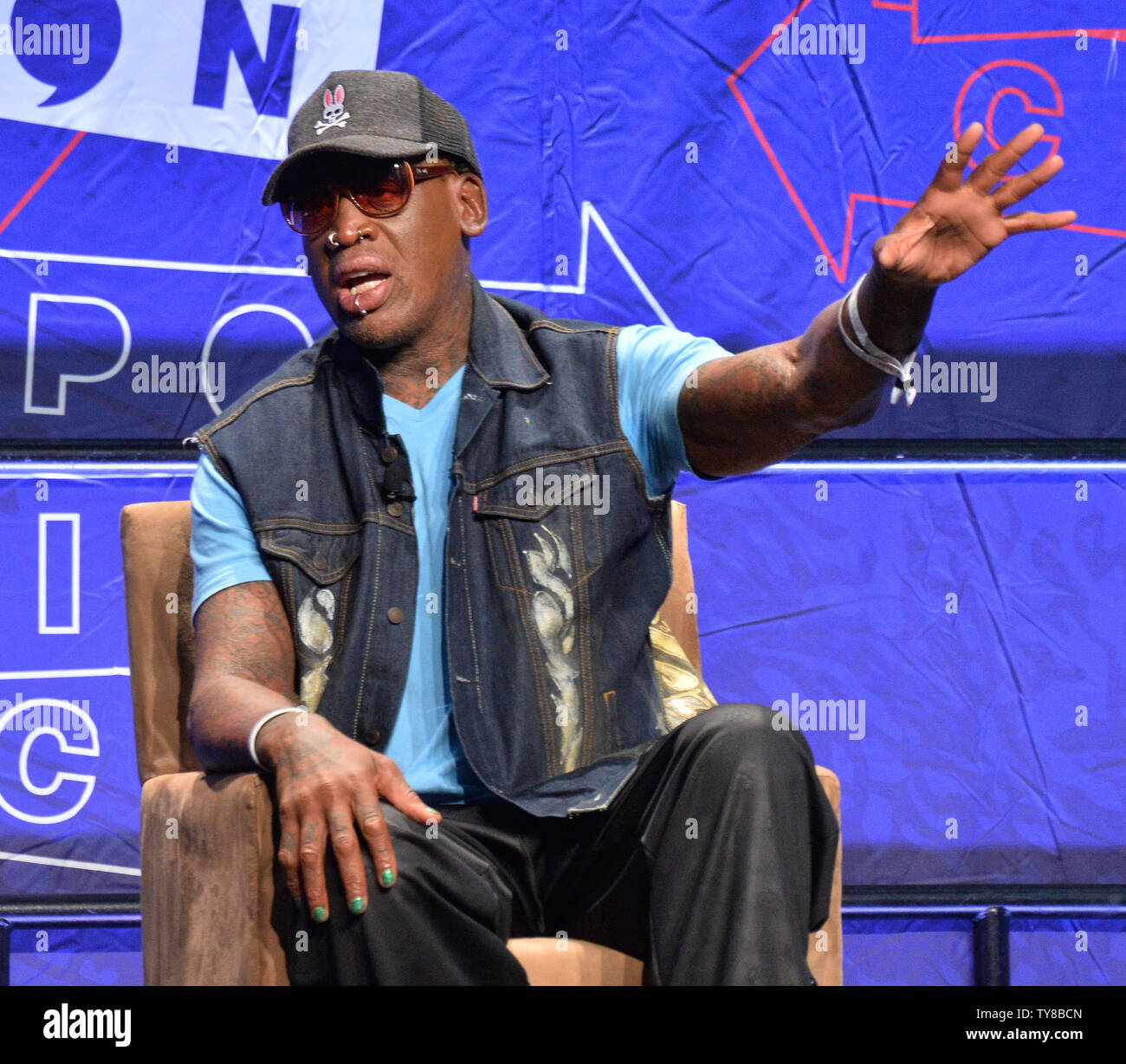 Former NBA player Dennis Rodman participates in a 'Slam Dunk Diplomacy With Dennis Rodman' Q&A during Politicon at the Los Angeles Convention Center in Los Angeles, California on October 20, 2017. Photo by Jim Ruymen/UPI Stock Photo