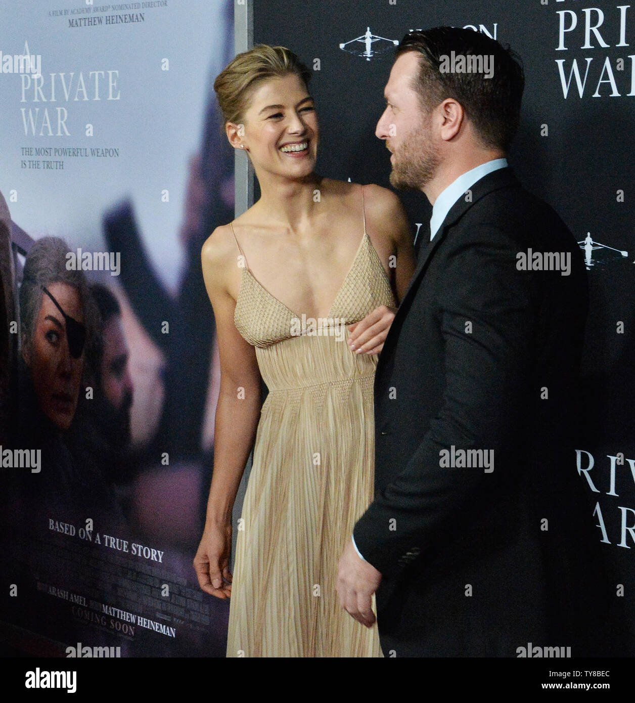 Cast member Rosamund Pike and director Matthew Heineman attend the premiere of the motion picture biographical war drama 'A Private War' at the Academy of Motion Picture Arts & Sciences in Beverly Hills, California on October 24, 2018.  The film tells the story of one of the most celebrated war correspondents of our time, Marie Colvin, who is an utterly fearless and rebellious spirit, driven to the frontline of conflicts across the globe to give voice to the voiceless. Photo by Jim Ruymen/UPI Stock Photo