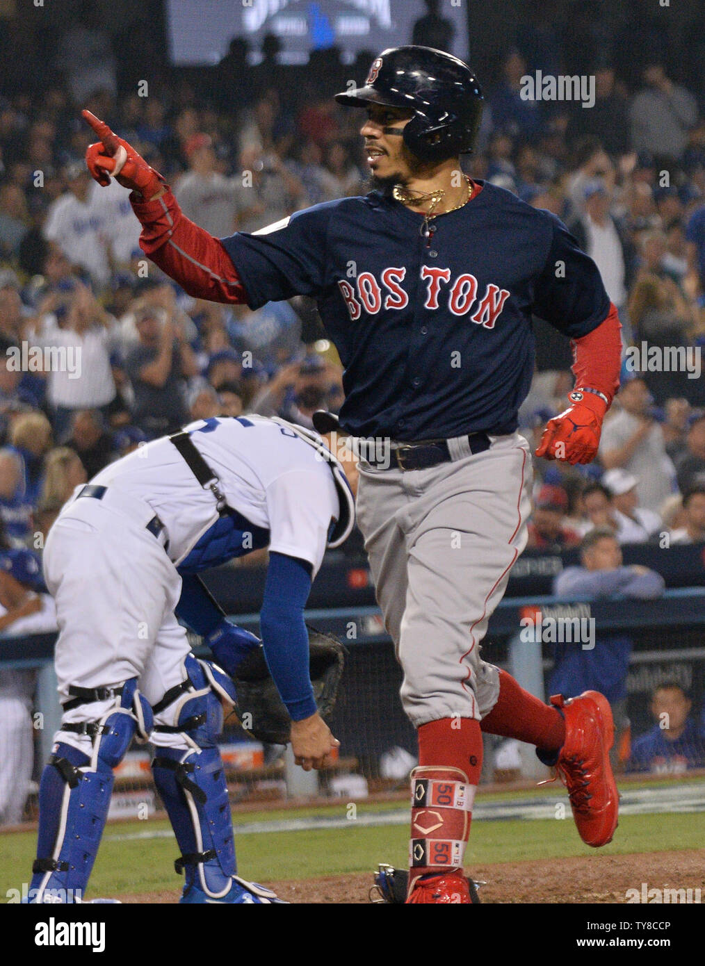 Boston Red Sox Mookie Betts (celebrates hitting a solo home run off Los  Angeles Dodgers starting pitcher Clayton Kershaw in the sixth inning in  game 5 of the MLB 2018 World Series