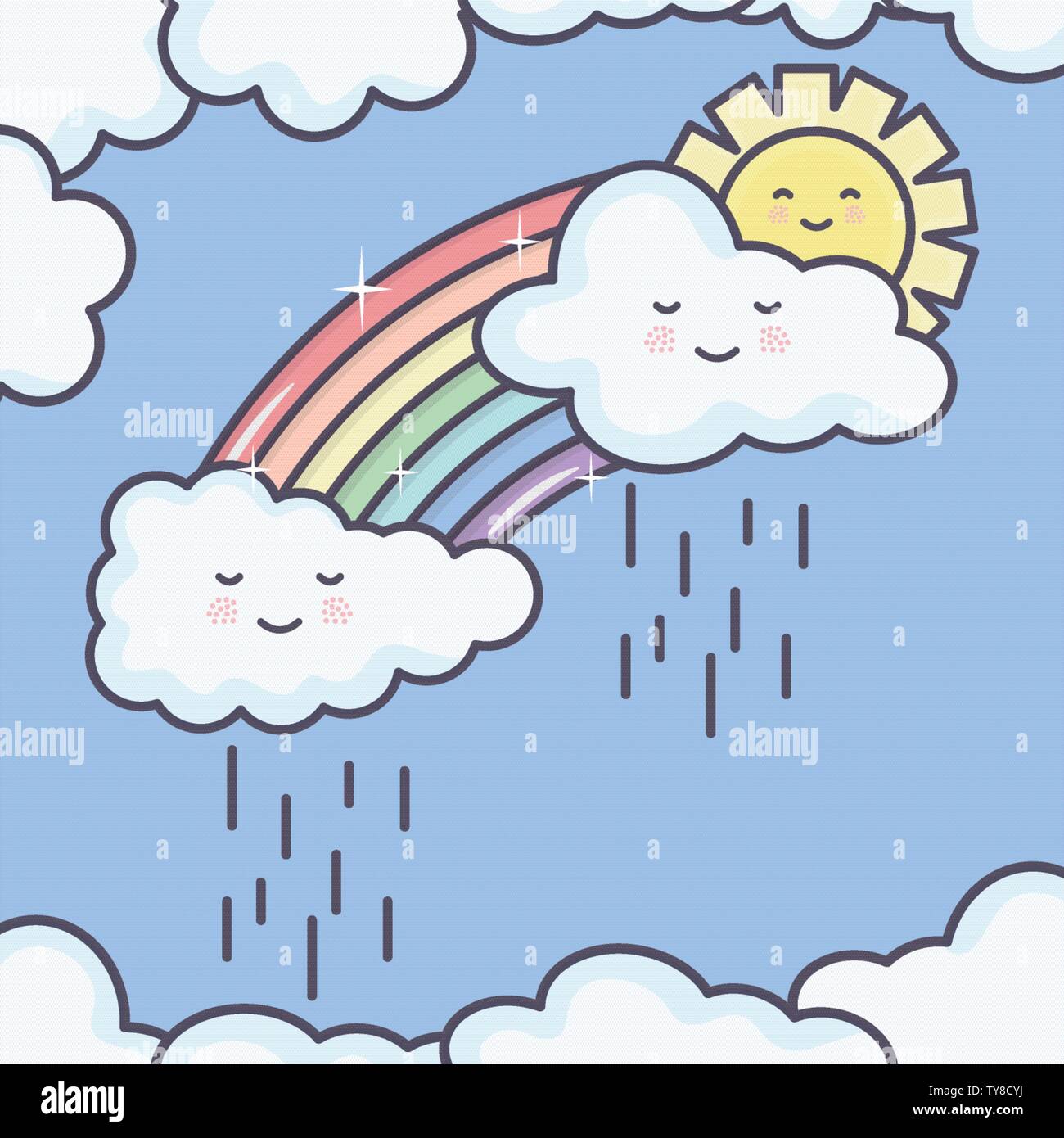 cute summer sun and clouds rainy with rainbow kawaii characters ...
