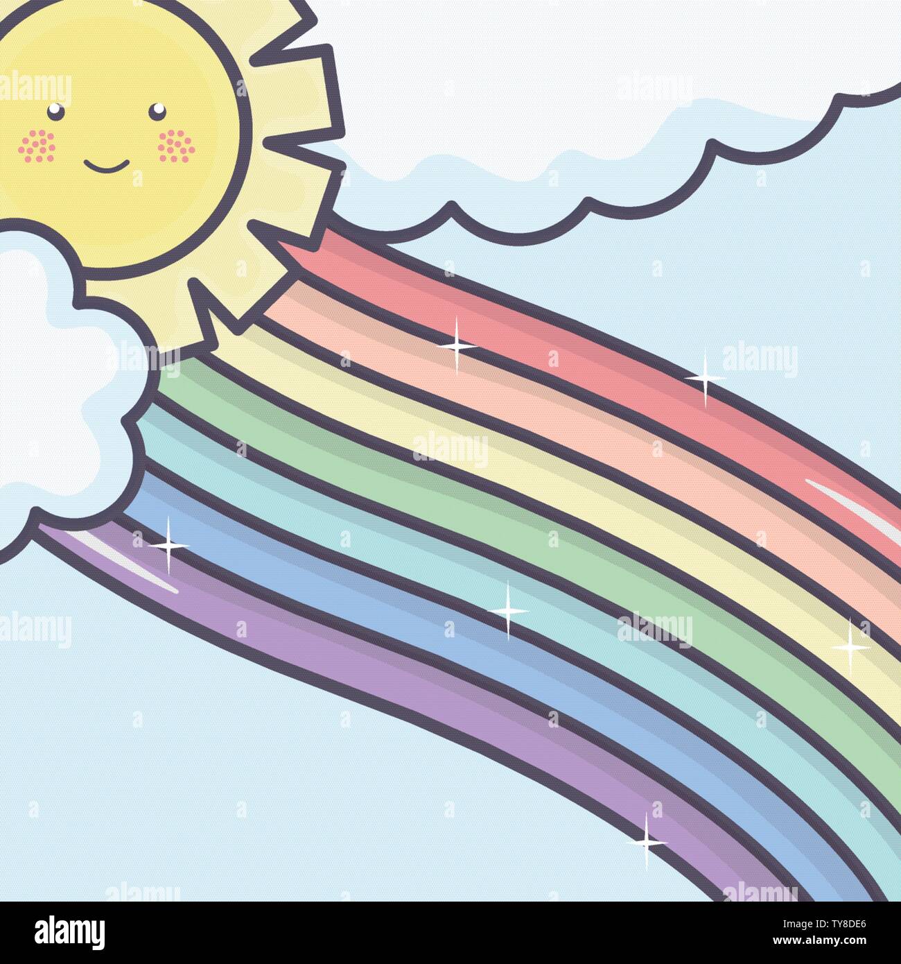 cute summer sun and clouds with rainbow kawaii characters illustration ...