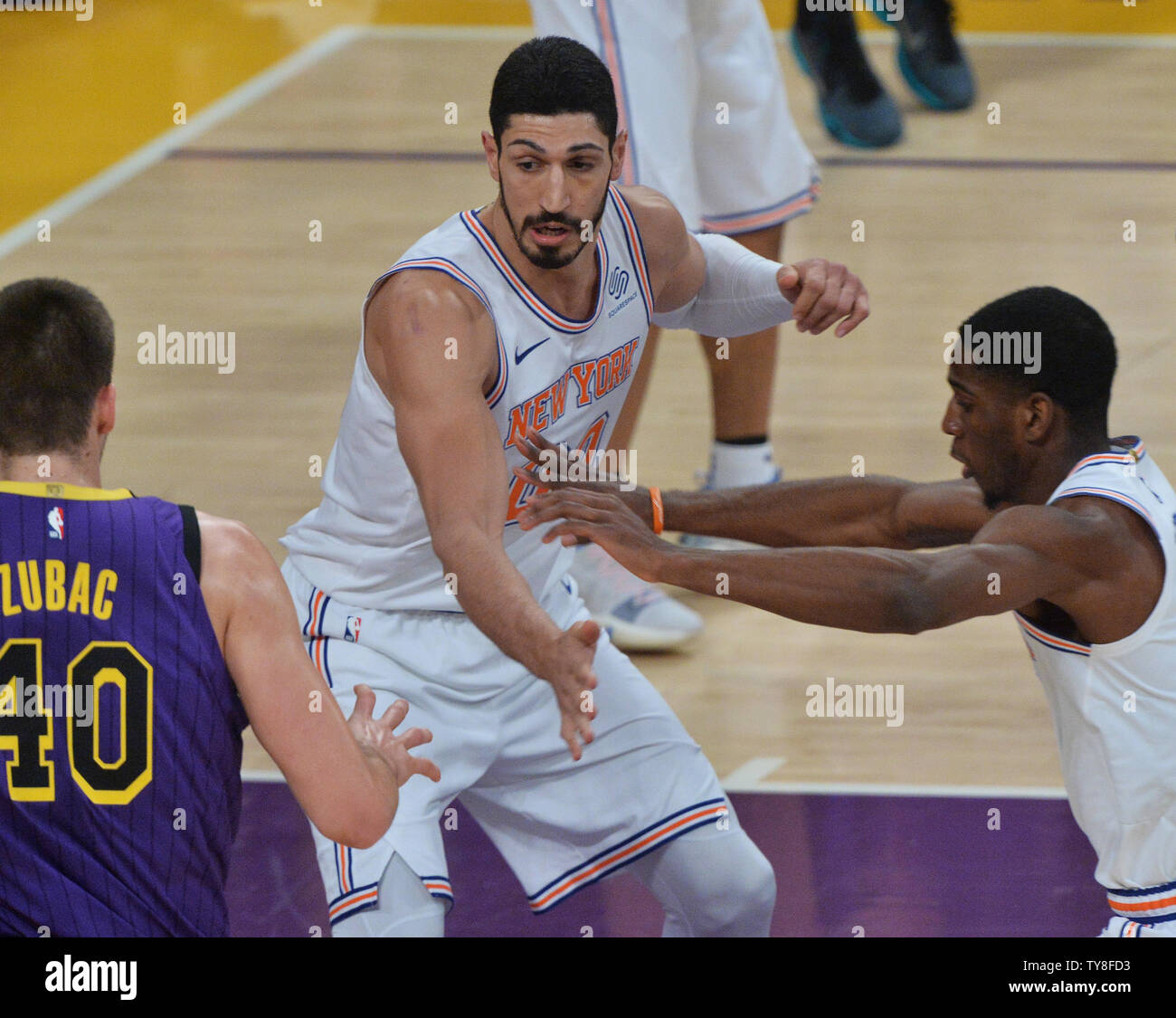 New York Knicks center Enes Kanter is pictured in an NBA game in Los Angeles against the Lakers at Staples Center in Los Angeles on January 4, 2019. Kanter, a native of Turkey informs the Knicks he will not be traveling with the team to London later this month to take on the Washington Wizards out of fear he could be killed by Turkish spies. Kanter, an outspoken critic of the Turkish government, especially of hardline President Erdogan now feels his life would be in danger if he were to Tavel overseas. 'Sadly, I'm not going because of that freaking lunatic, the Turkish president,' Kanter told Stock Photo