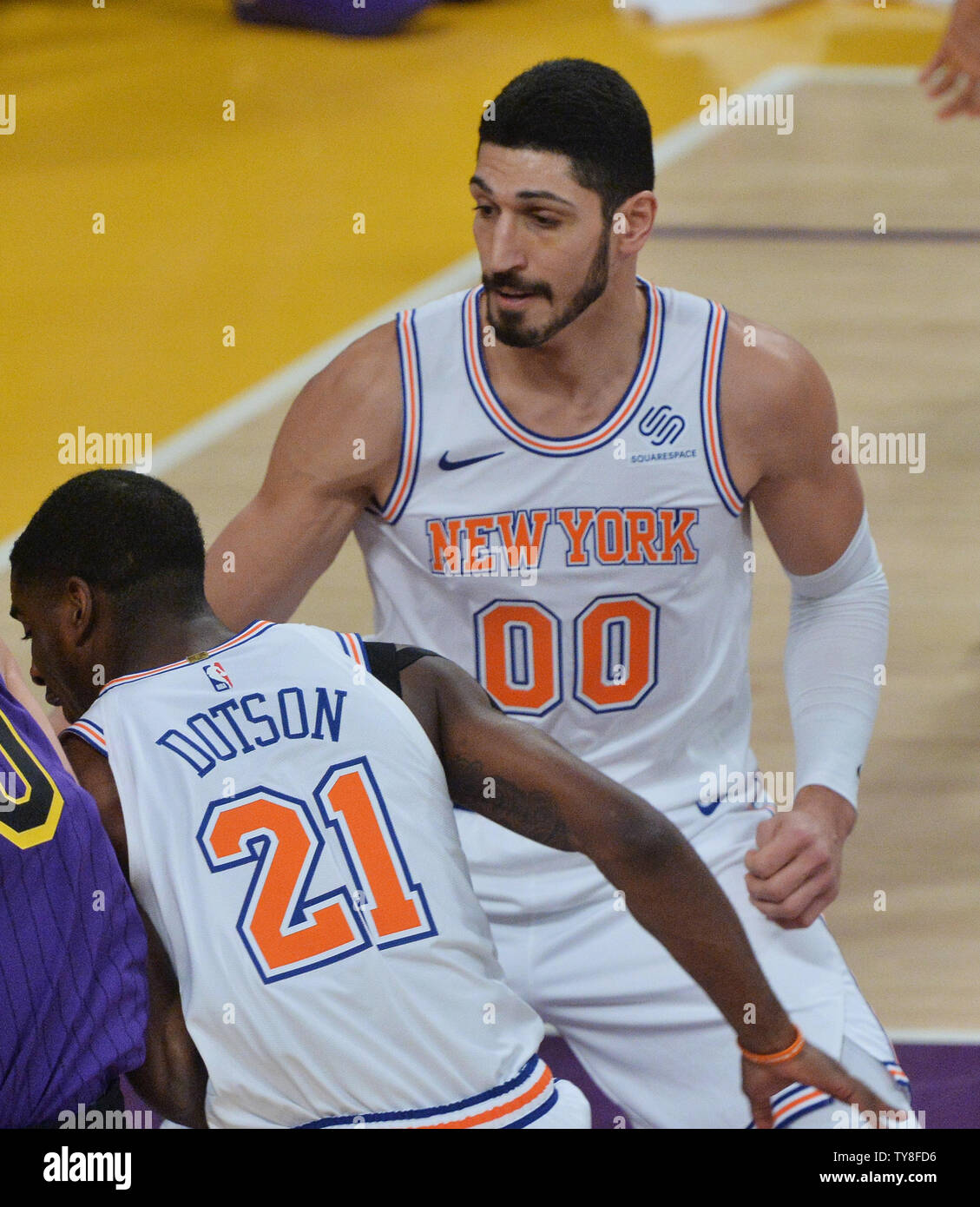 New York Knicks center Enes Kanter is pictured in an NBA game in Los Angeles against the Lakers at Staples Center in Los Angeles on January 4, 2019. Kanter, a native of Turkey informs the Knicks he will not be traveling with the team to London later this month to take on the Washington Wizards out of fear he could be killed by Turkish spies. Kanter, an outspoken critic of the Turkish government, especially of hardline President Erdogan now feels his life would be in danger if he were to Tavel overseas. 'Sadly, I'm not going because of that freaking lunatic, the Turkish president,' Kanter told Stock Photo