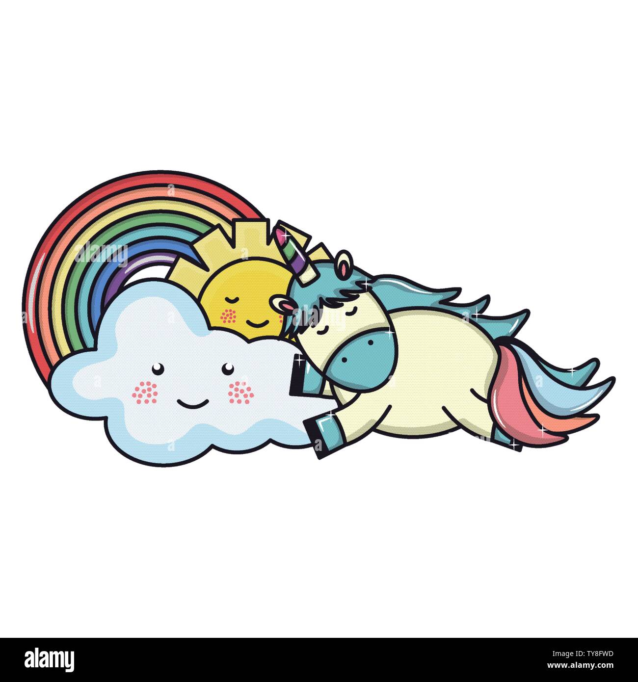 cute unicorn in rainbow with clouds and sun kawaii characters vector ...