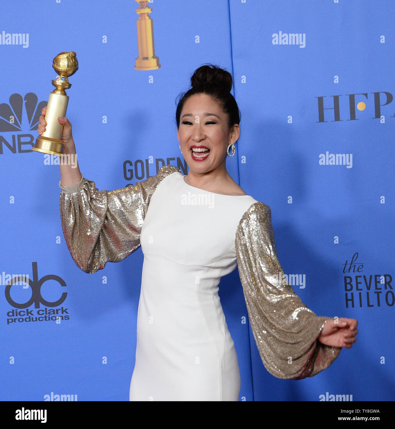 Actor Sandra Oh appears backstage after winning the award for Best