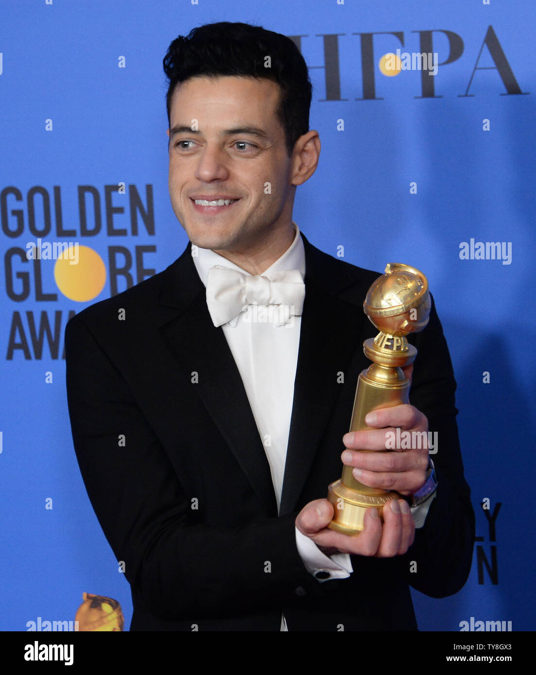 Actor Rami Malek appears backstage after winning the award for Best Actor  in a Motion Picture Drama for 'Bohemian Rhapsody' during the 76th annual  Golden Globe Awards at the Beverly Hilton Hotel
