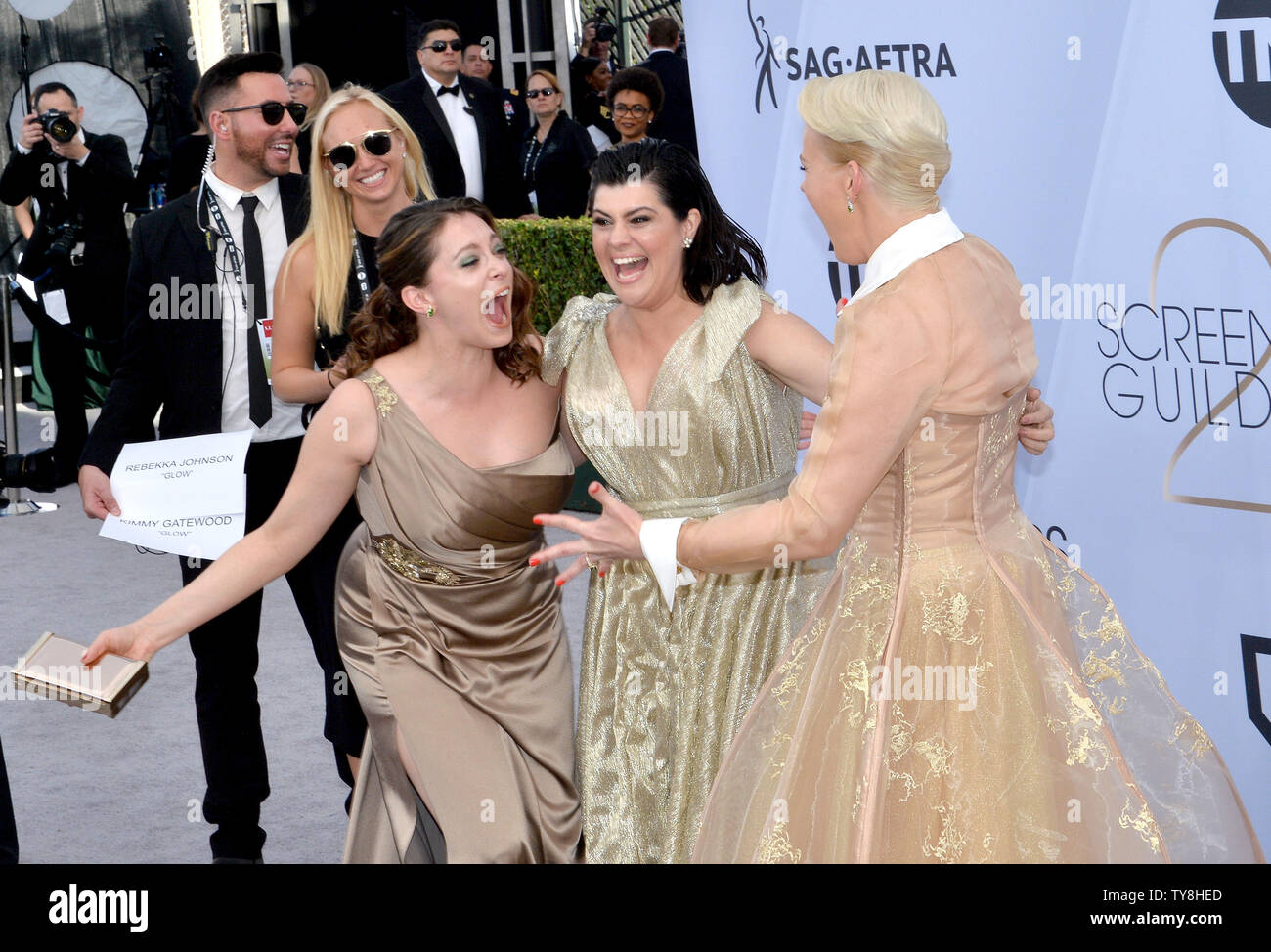 (L-R) Rebekka Johnson, Rachel Bloom and Kimmy Gatewood arrive for the
