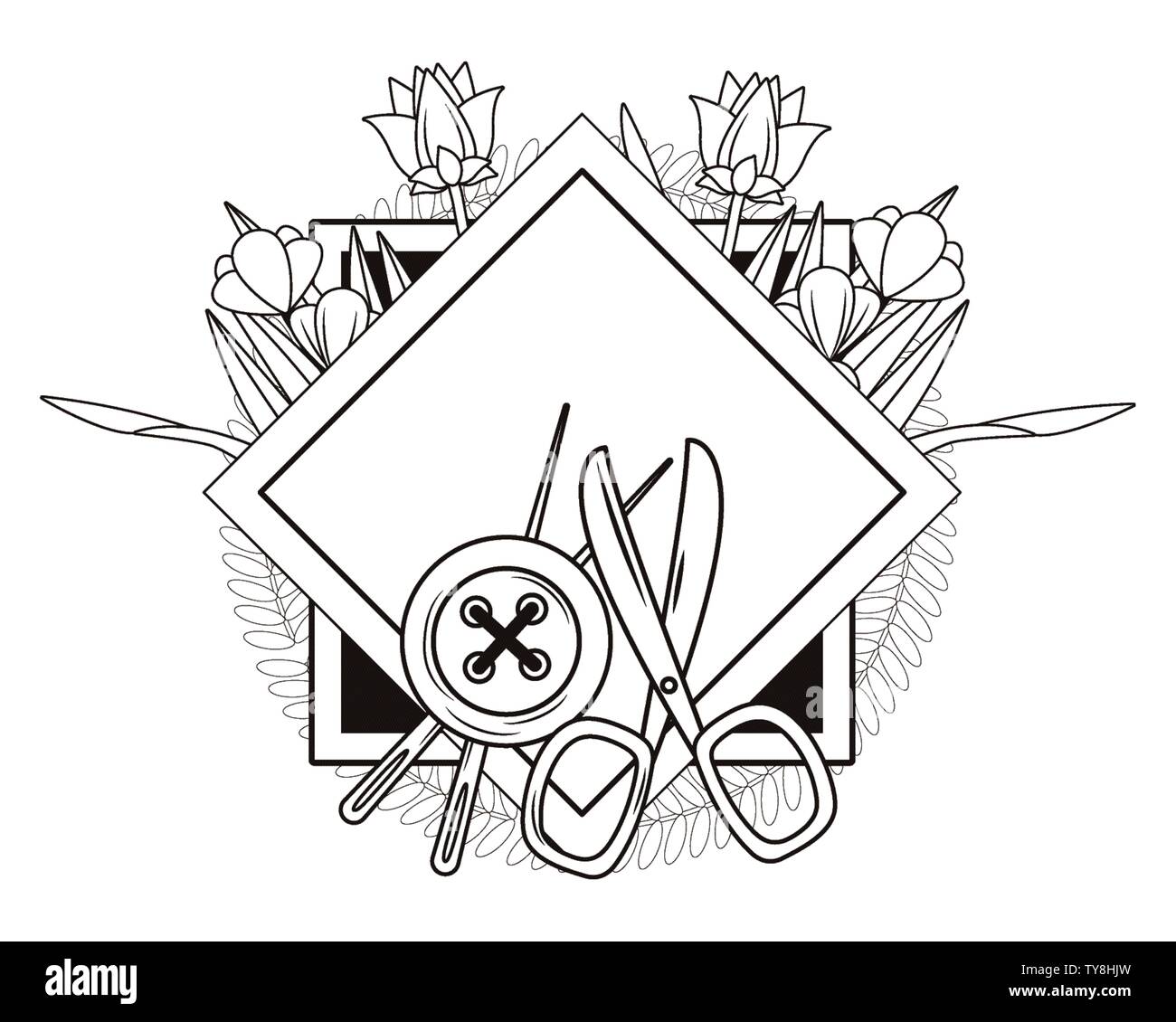 Button scissor and needle design, Tailor shop fashion textile workshop ...