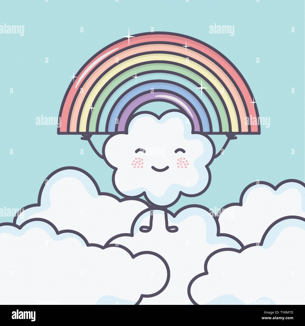 cute summer sun and clouds with rainbow kawaii characters illustration ...