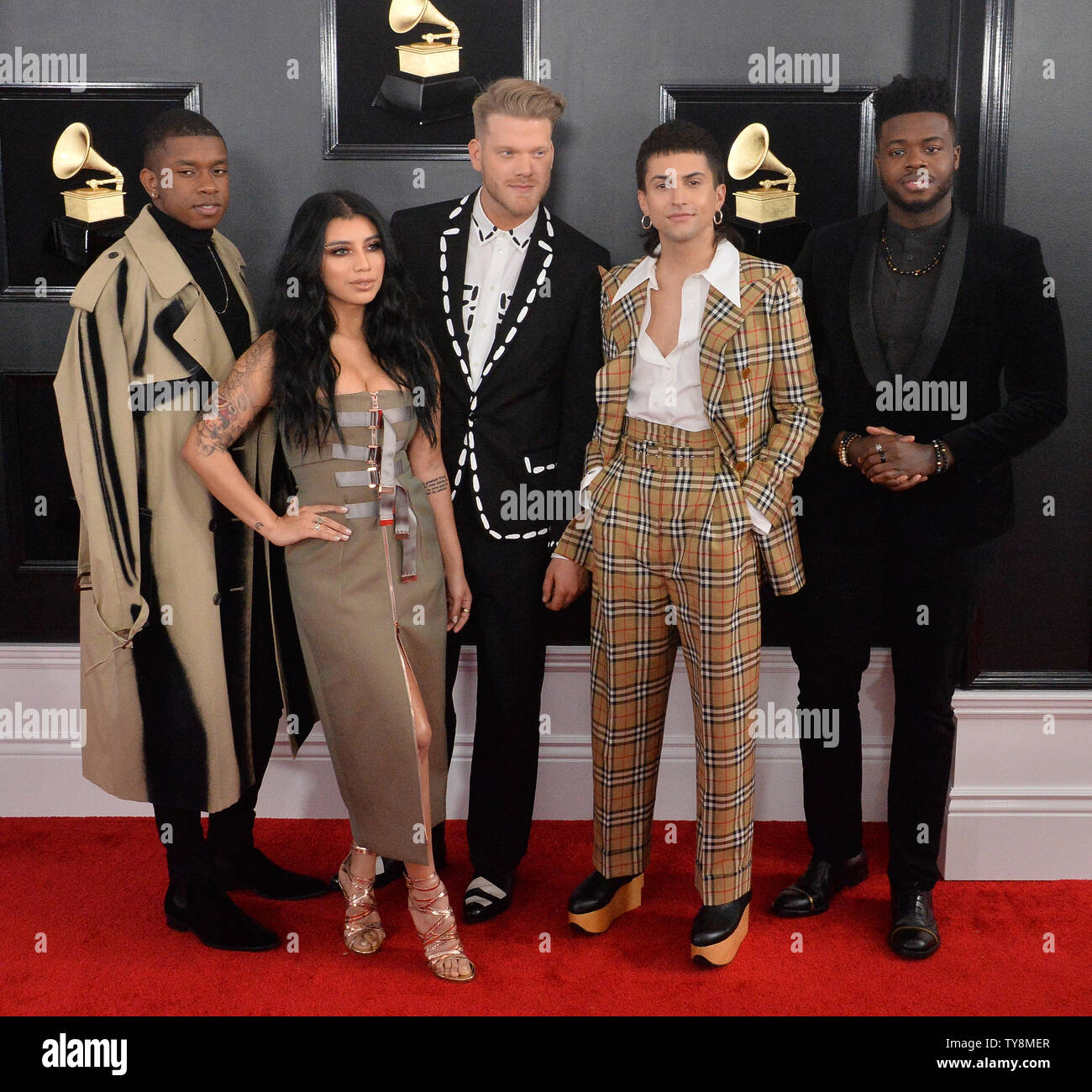 L-R) Matt Sallee, Kirstin Maldonado, Scott Hoying, Mitch Grassi and Kevin  Olusola arrive for the 61st annual Grammy Awards held at Staples Center in  Los Angeles on February 10, 2019. Photo by