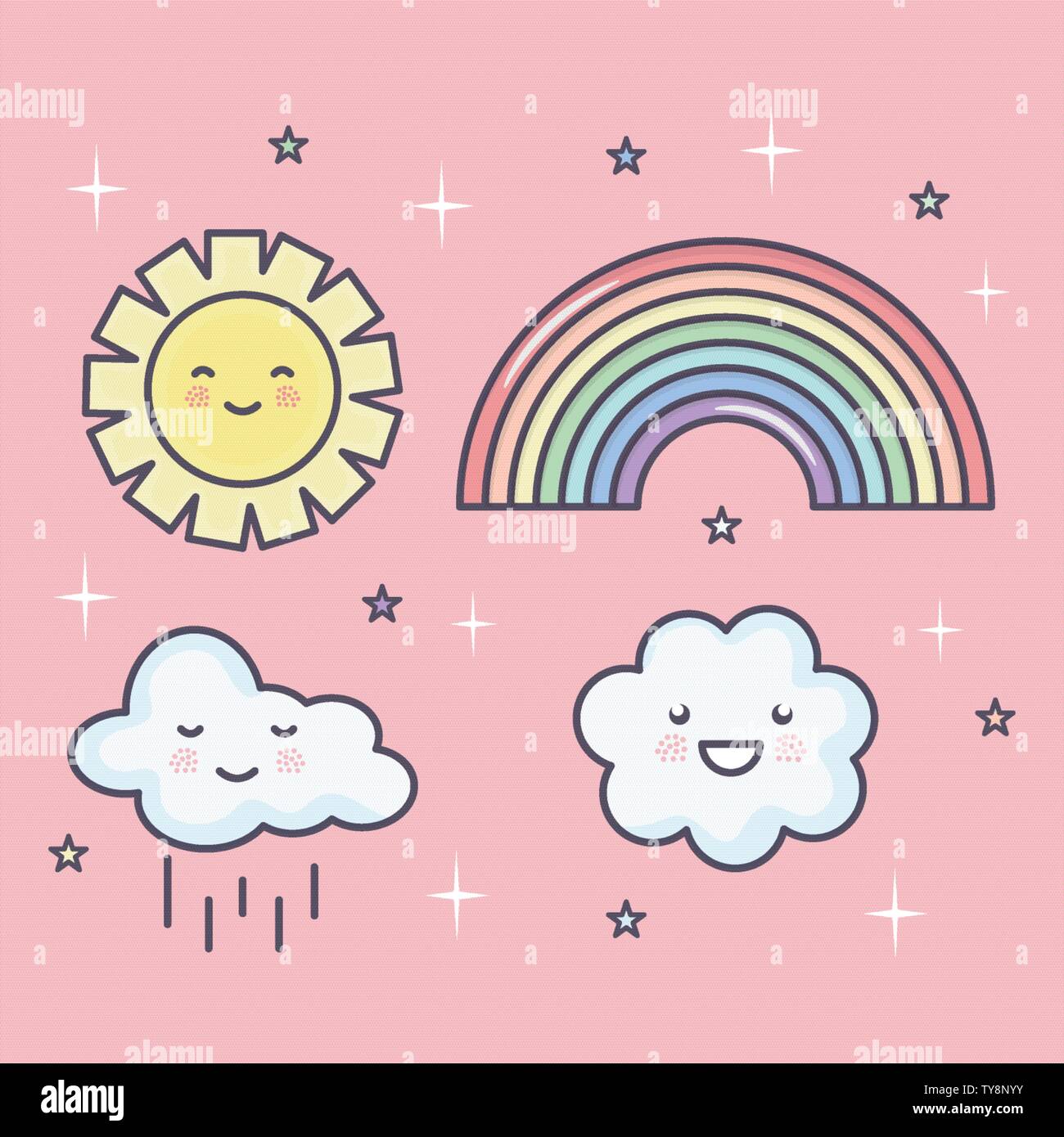 cute summer sun and clouds with rainbow set kawaii characters ...